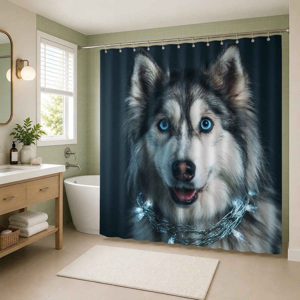 Cane Animale Tenda da Doccia 240x200 cm Poliestere Antimuffa e Lavabile | Carino Fantasia Husky Impermeabile Facile da Pulire Asciugatura Rapida per Vasca da Bagno e Box Doccia