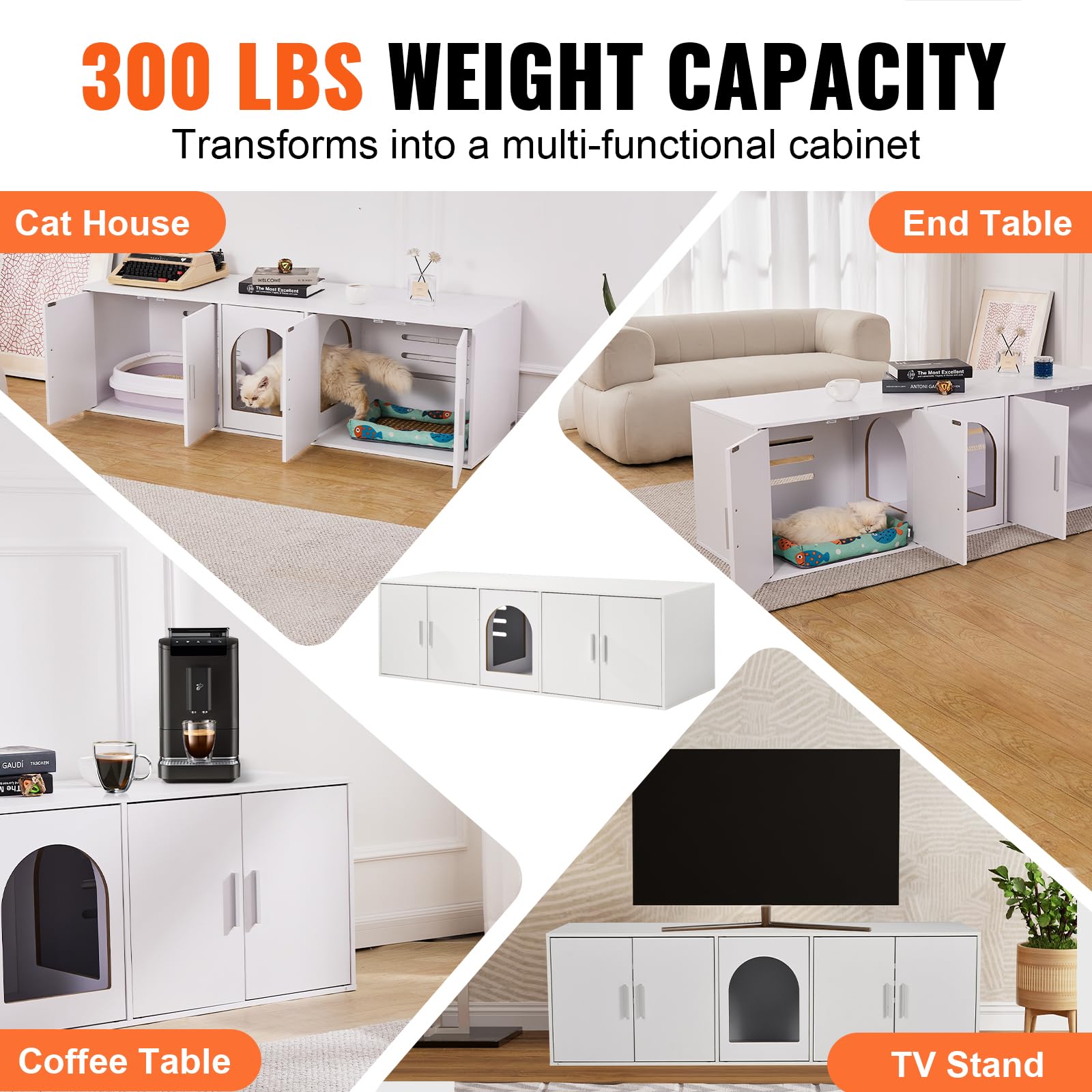 VEVOR Muebles de Baño Oculto para Gatos 1,47 x 0,46 x 0,45 m Casa de Inodoro Con Puertas Decoradas de Ratán Armario de Madera para Ocultar Las Cajas de Arena, Blanco