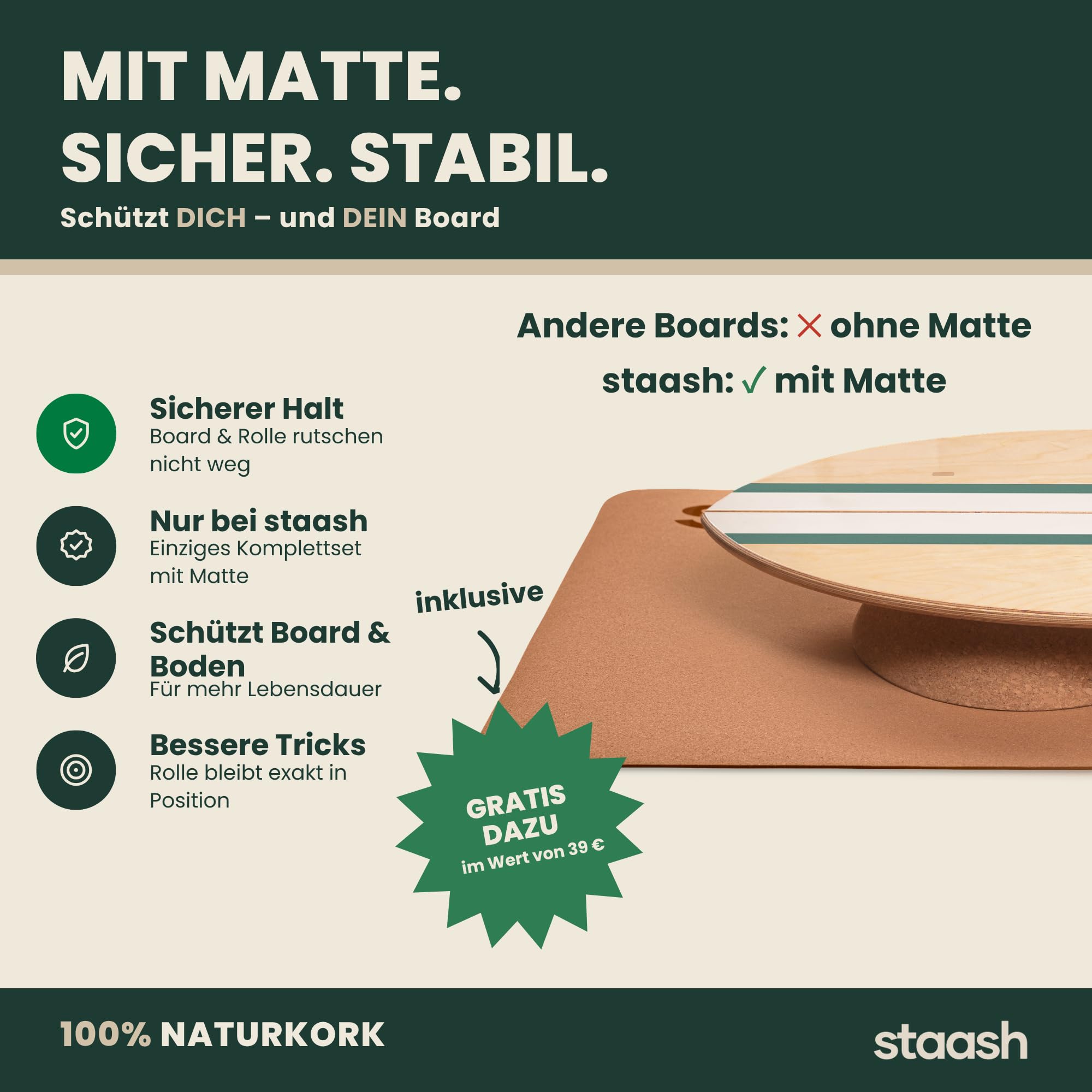 STAASH® Balance Board Holz 5in1 - Wackelbrett Set mit Trainings-App