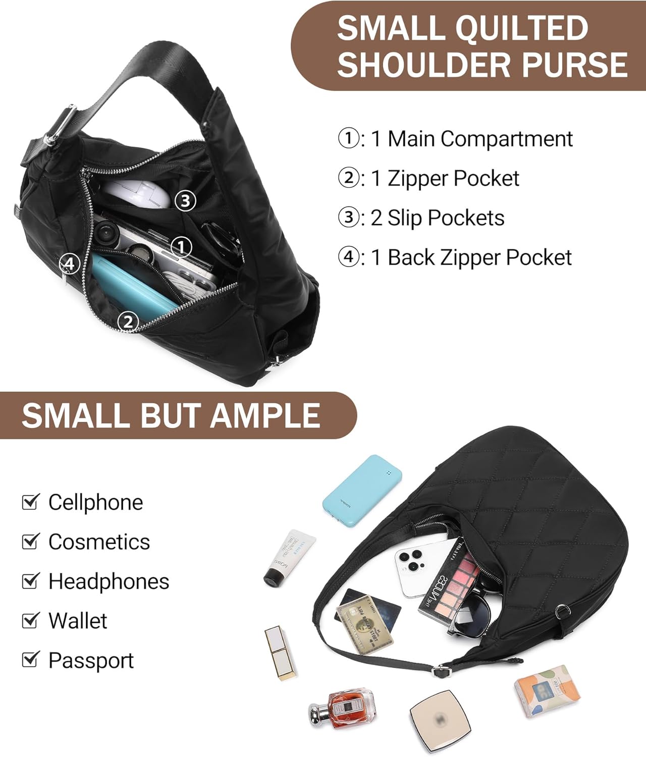 BAVERGE Nylon Crescent Bag Women Small Quilted Shoulder Purse Women's Hobo Handbag with Coin Wallet Mini Tote - Image 4