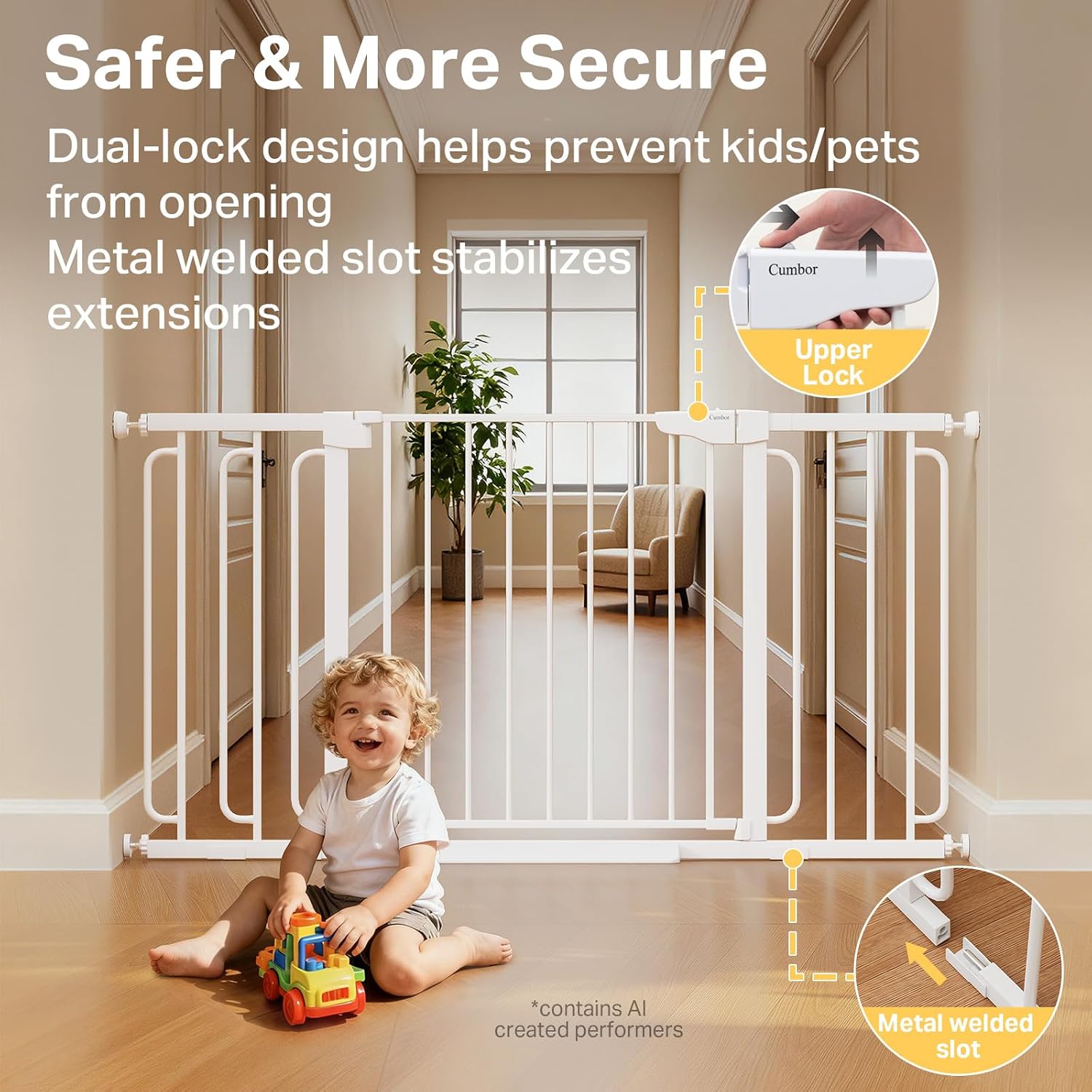 Cumbor 36.6-59 Extra Wide Baby Gate for Stairs, Pressure Mounted Dog Gate for Doorways, Auto-Close Easy Walk Through Safety Child Gate for Kids Toddler, Tall Pet Gates Indoor, White