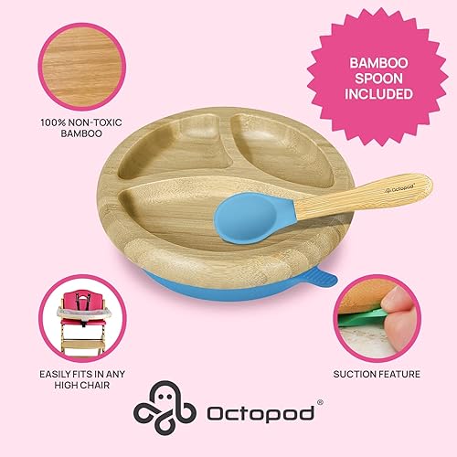 Miniatura 2 de Abiie Octopod - Plato de bambú para niños de 4 meses en adelante, platos para bebés de 3 compartimentos con succión, plato redondo de bambú para