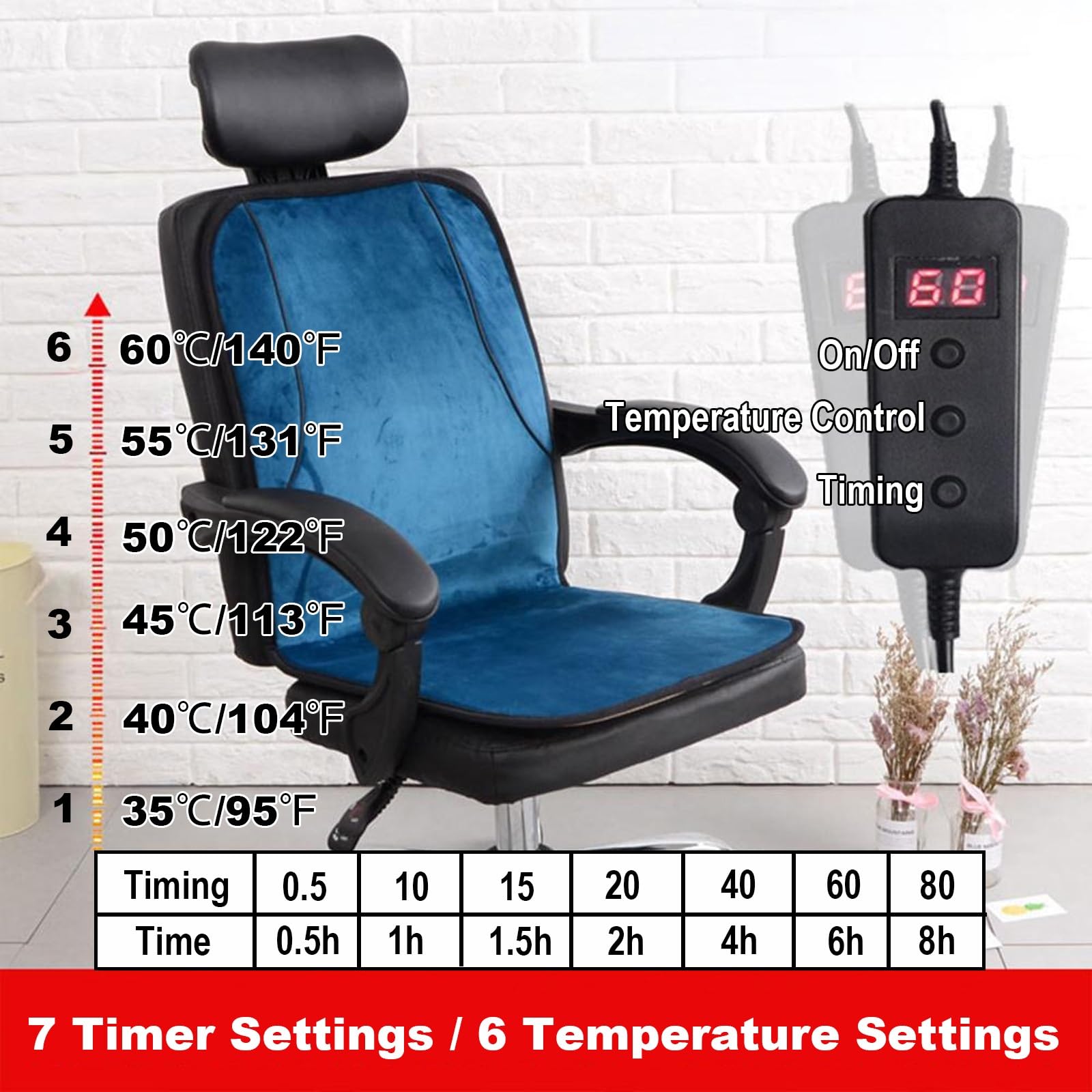 Almohadillas Electricas, Esterilla Electrica con 7 Ajustes de Temporizador y 6 Niveles de Temperatura, Esterilla Calor para Sillas de Oficina, Hogar y Exteriores(Black)