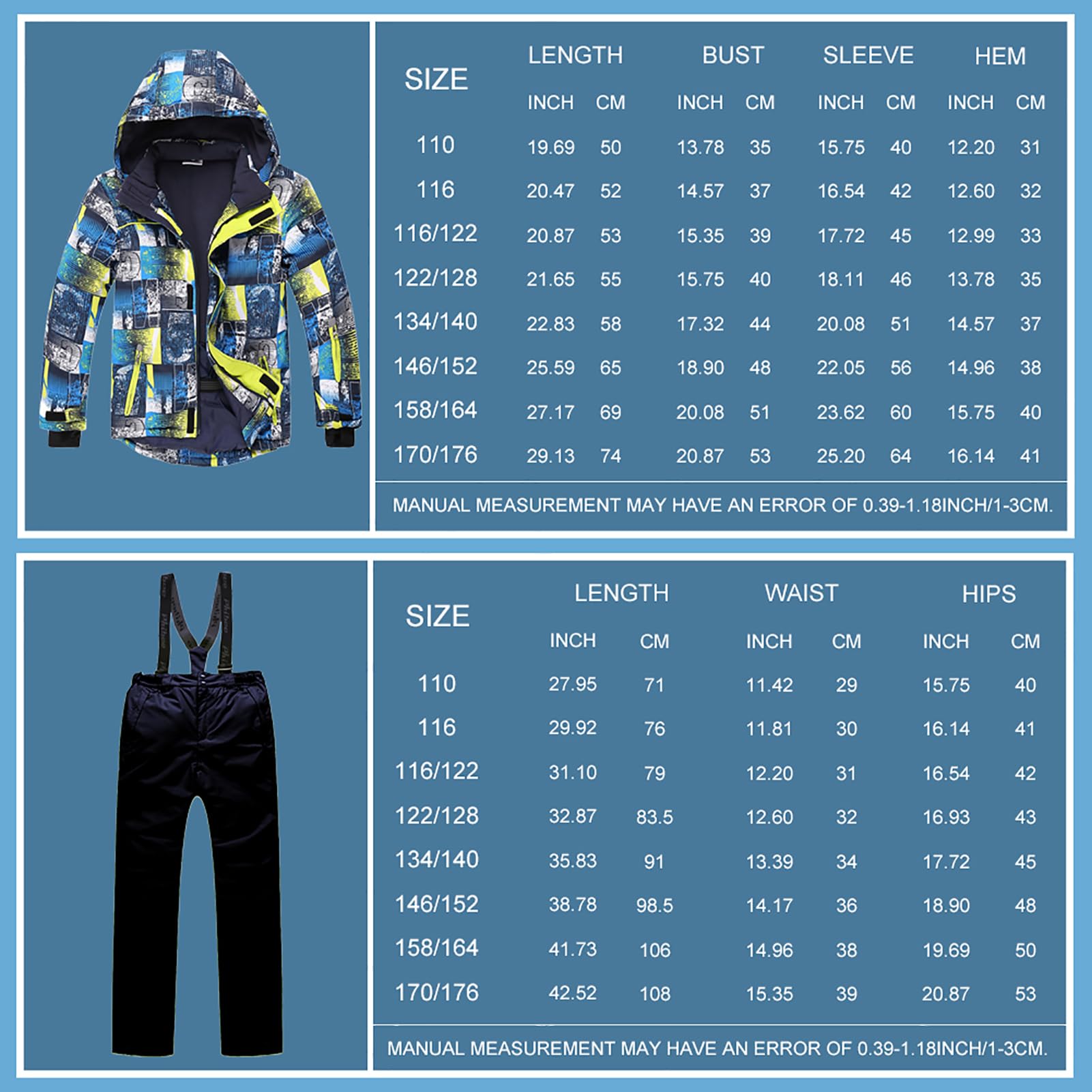 Costume de Ski Enfant Garçon Ensemble 2pcs Veste + Pantalons Combinaison de Ski Fille à Capuche Imperméable Coupe-Vent