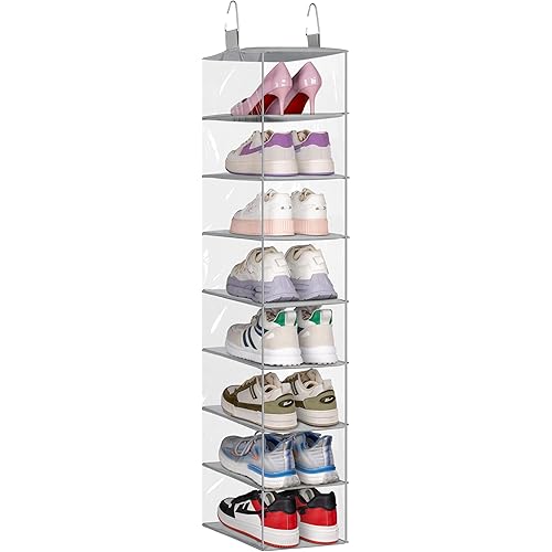 MISSLO Clear Hanging Shoe Organizer for Closet Storage Wider Hanging Shoe Rack 8 Shelf Shoe Hanger Holds 8 Pair of Sneakers, Clothes for Room, Bedroom, College Dorm