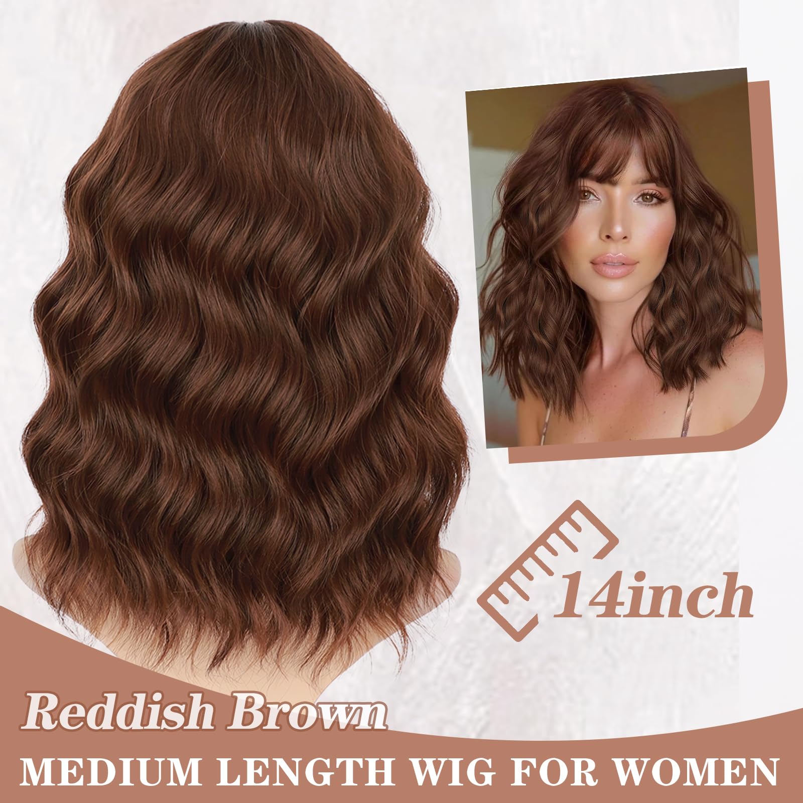Amazon.com : Lativ Reddish Brown Wig with Bangs Short Wavy  display picture 1