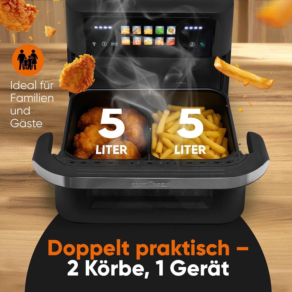 ProfiCook® XXL Heißluftfritteuse | 10L | Öl und Fettfrei | buntes Touch-Display | 2400W Airfryer | Heißluftfritteuse 2 Kammern | 10 Programme | 80-200°C | Heissluftfritteuse | PC FR 1313 H