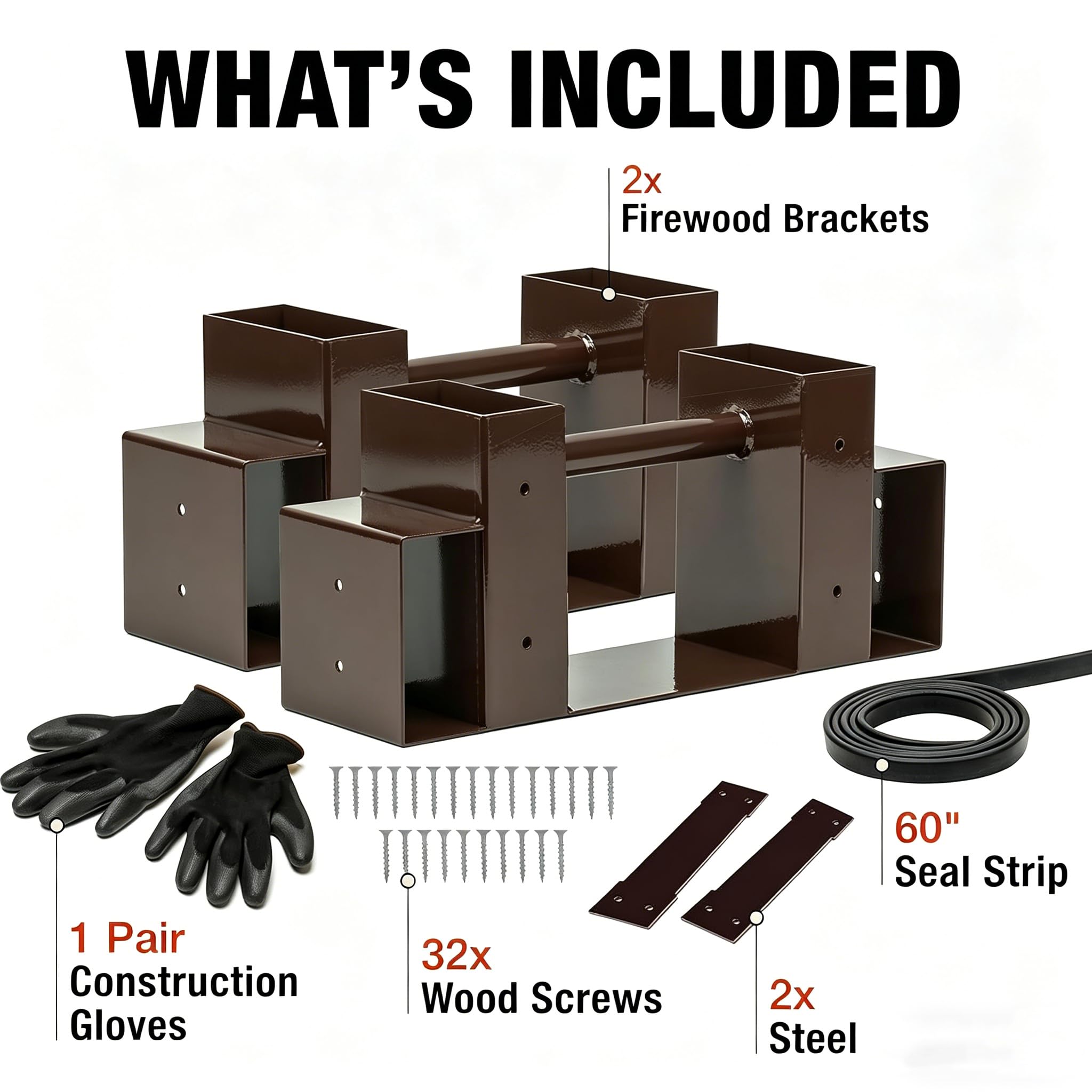 Heavy Duty Metal Firewood Rack Outdoor & Indoor Log Holder for Fireplace, Wood Storage Shelf with Drainage Holes, Rust Resistant Steel Firewood Stacker with Brackets, Steel Plates, Screws and Gloves - 2