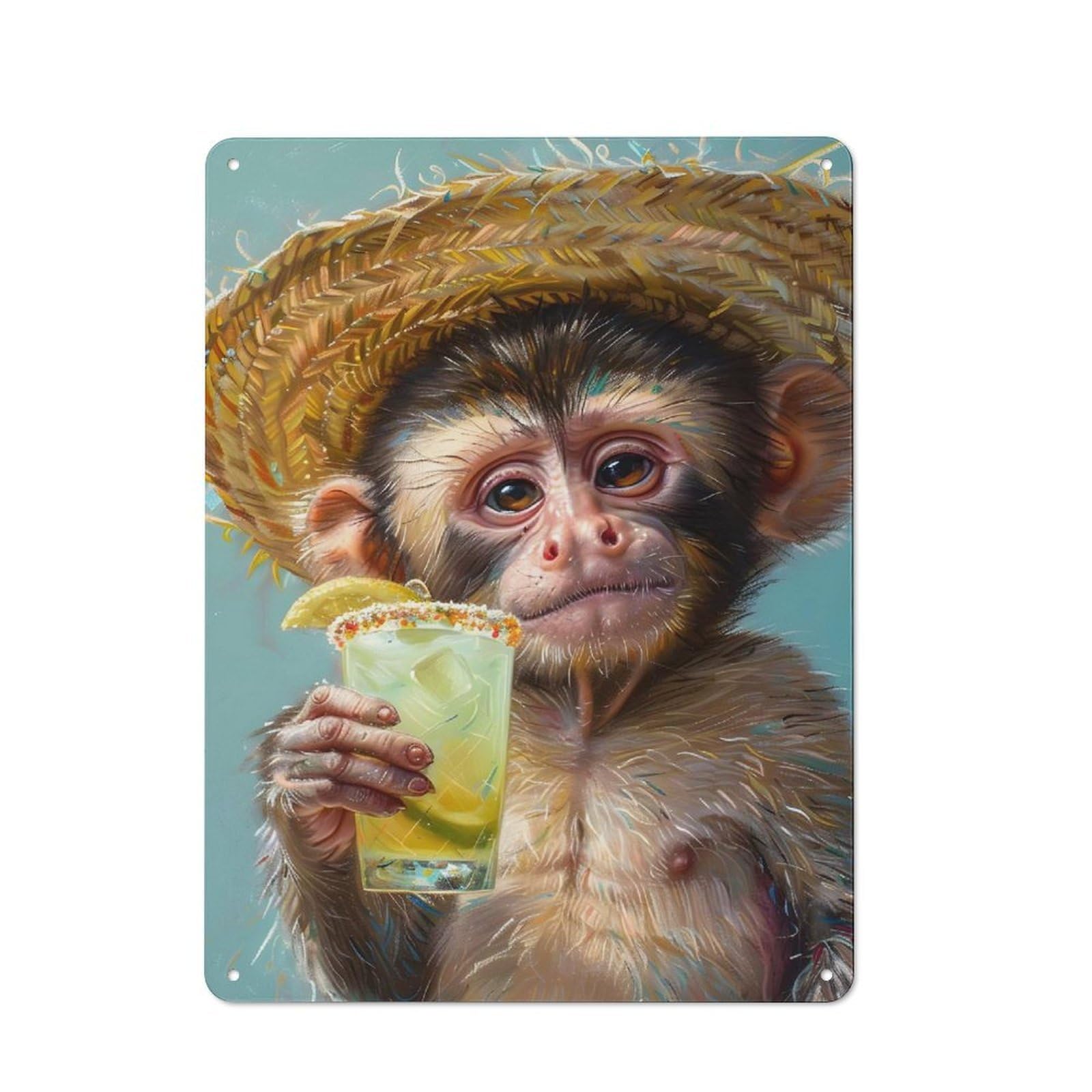 Junmoney Monkey With A Margarita Cocktail Vintage Metal Sign 40X30cm, Bistro Style Shop Wall Decor For Tea Room, Shop Wall Or Breakfast Area