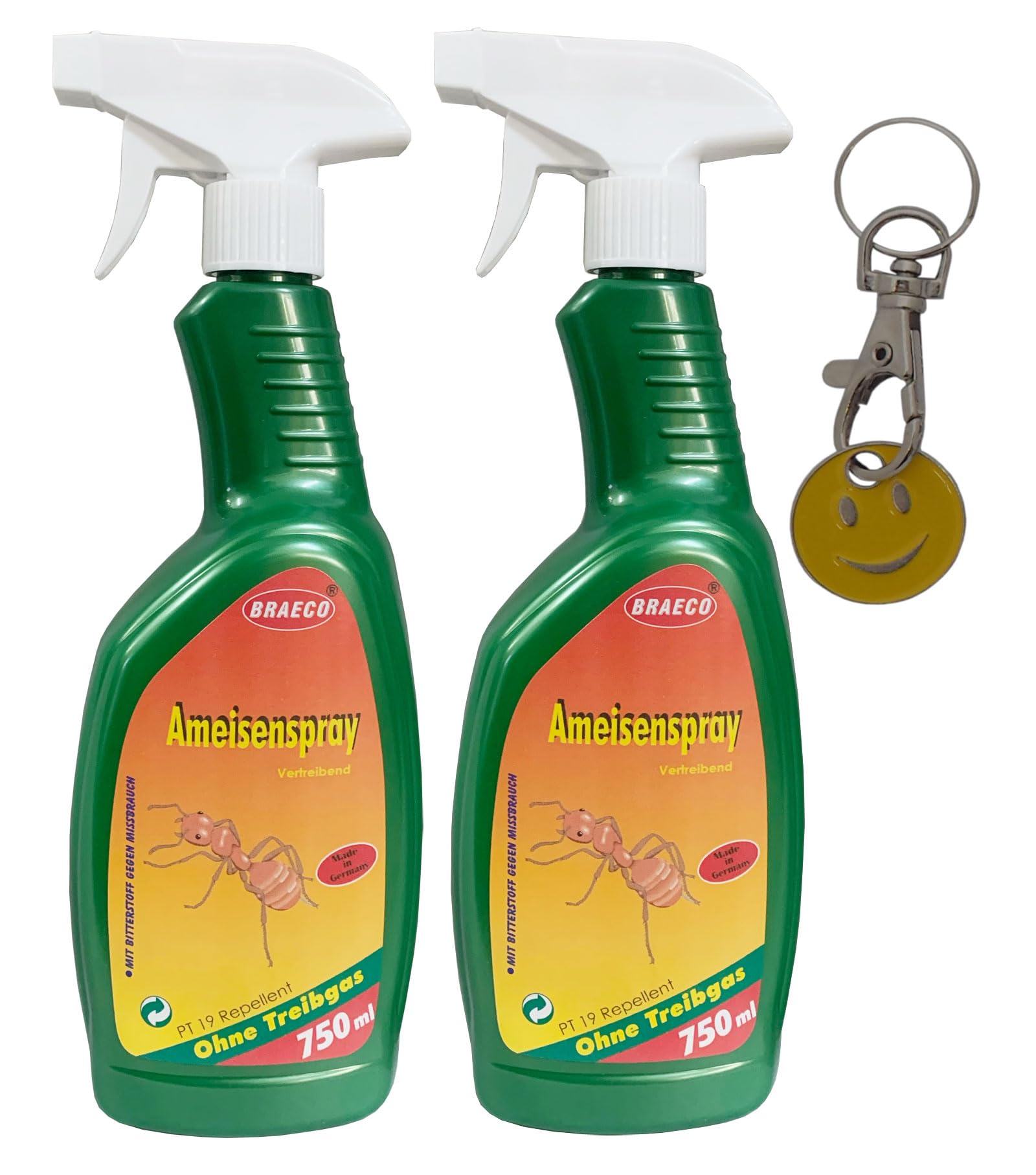 Einkaufswagenchip Smiley + 2x 750ml Ameisenspray vertreibende Wirkung PT 19 Repellent ohne Treibgas