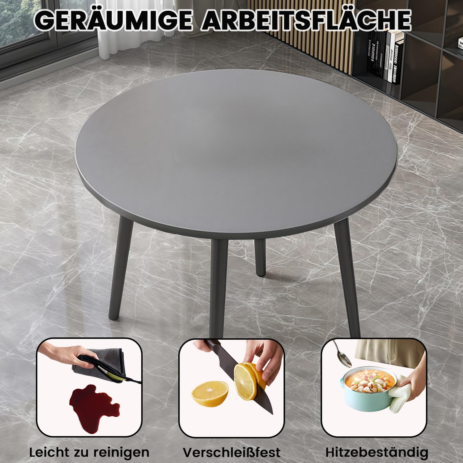 Runder Esstisch mit 4 Stühlen - Essgruppe 5-Teilig Komplettset - Küchentisch Sitzgruppe für für Küche/Esszimmer - Wohnzimmer und Büro 4-6 Sitzplätze (Grey – Round)