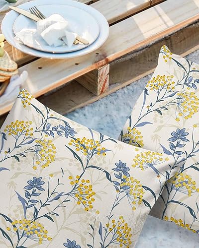 Miniatura 2 de Fundas de almohada para exteriores, impermeables, con diseño de plantas amarillas, bayas, azules, paquete de 2, estilo bohemio, botánico en beige,