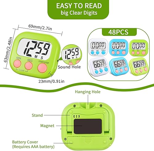 Miniatura 2 de Paquete de 48 temporizadores digitales de cocina, temporizadores digitales de cocina magnéticos multifuncionales, temporizador de cuenta regresiva