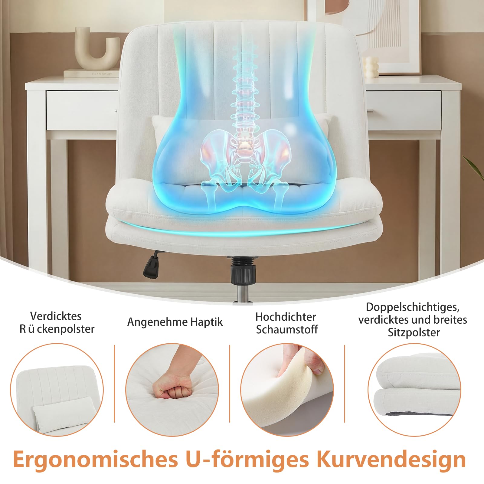 Bürostuhl ohne Armlehne ergonomisch, Schreibtischstuhl mit Rollen, für Schneidersitz, 360° drehbarer & höhenverstellbarer Drehstuhl für Home Office, Schminktisch (Chenille, Weiß)