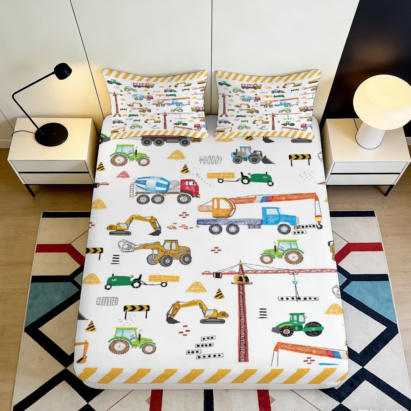 3D Printed Construction Vehicles Fitted Sheet Microfiber Anti-Slip Cartoon Trucks Bed Cover for Bedroom Guest Room Easy Care 90x200x25cm
