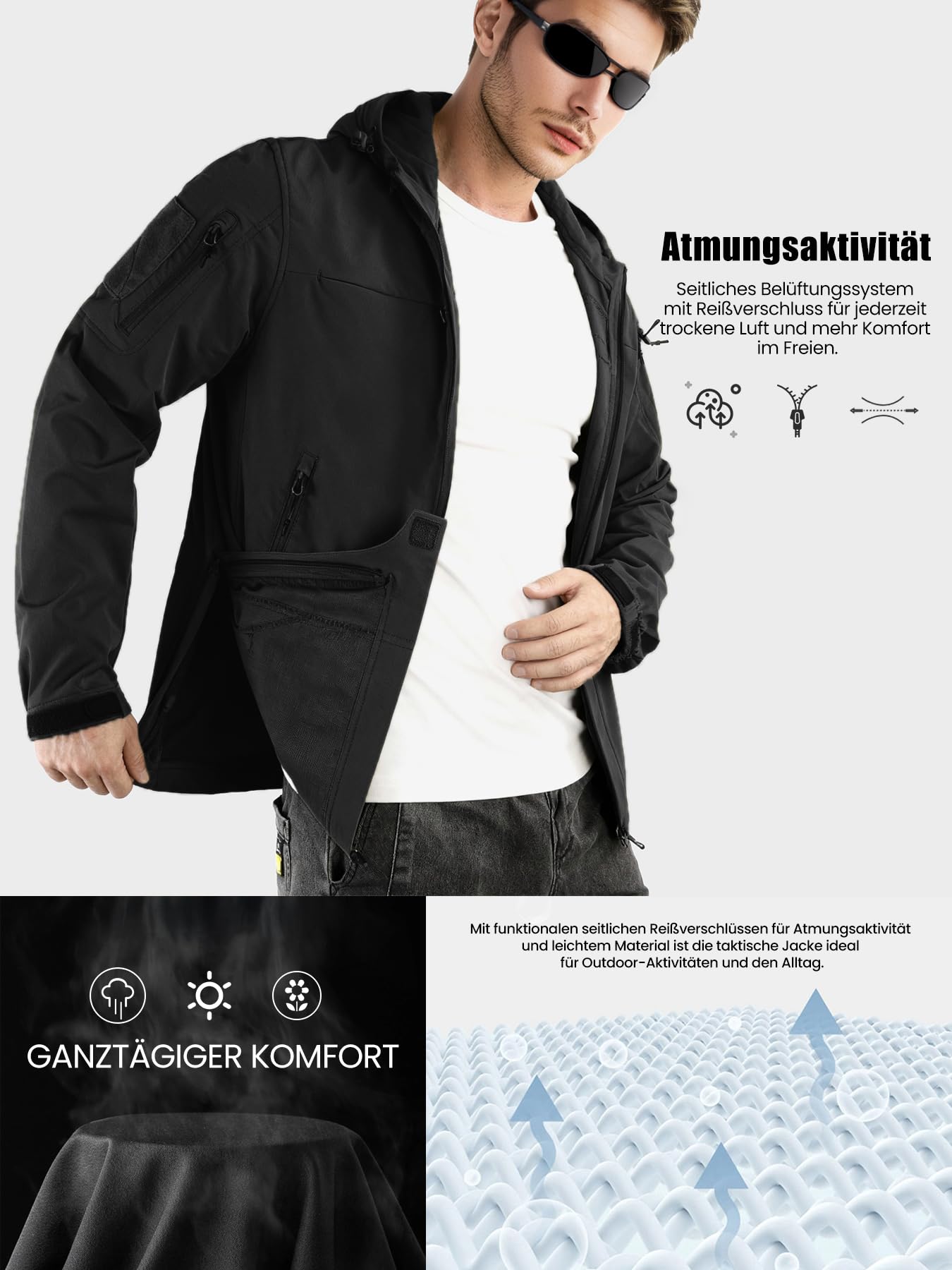 Jacke Herren Leichte Taktikjacke mit Kapuze Softshelljacke 9 Taschen Wasserabweisend Atmungsaktiv Winddichte Wandern Camping Laufen