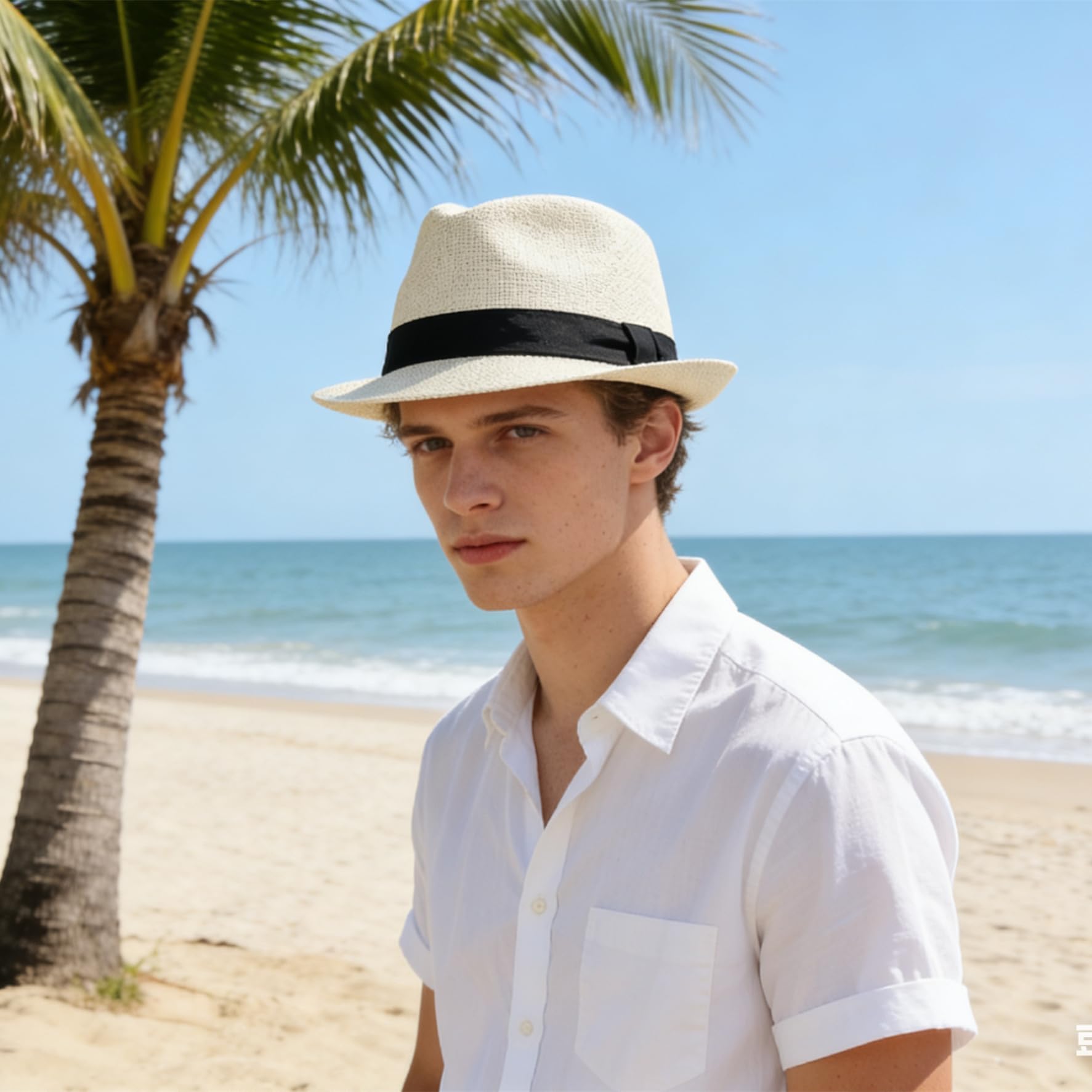 Straw Fedora Hat for Men Summer Short Brim Panama Hat Beach Casual — view 2