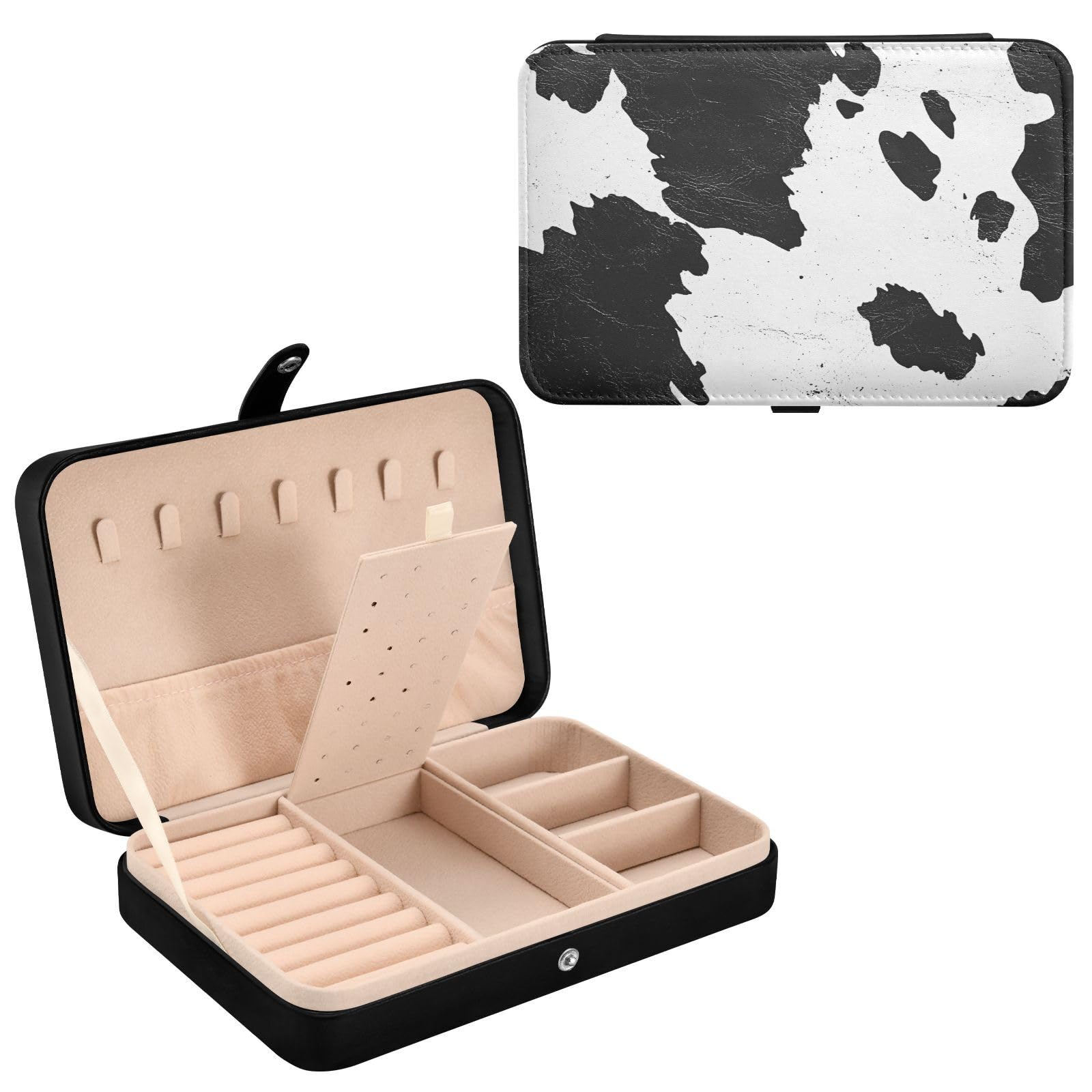 Haskirky Cow Print Jewelry Box Portable PU Leather Travel Jewelry Organize for Women Jewelry Storage Display Holder for Ring, Necklace, Earring