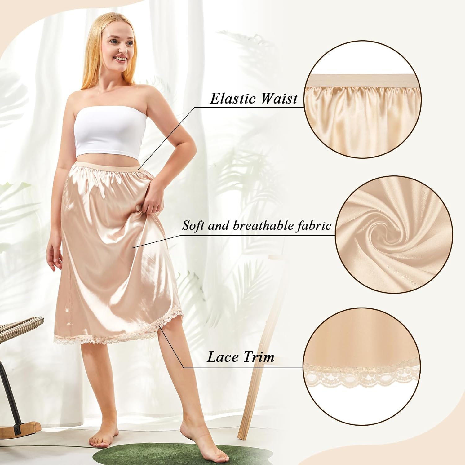 Mepase 3 Pieces Women's Satin Half Slip for Under Dresses 3 Kinds of Length 19, 27, 35 Inch Slip Dress with Lace - Image 3