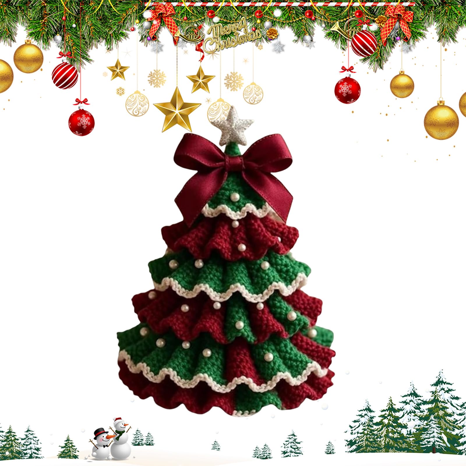 Peamoo Red Green Diy Crochet Christmas Tree Kit,Handcraft Holiday Decoration Set,Beginner Crochet Diy Christmas Tree Kit, Trees Bow Pearl Embellishment,Holiday Ornament Decor,Xmas Party Decorations (Red Green)