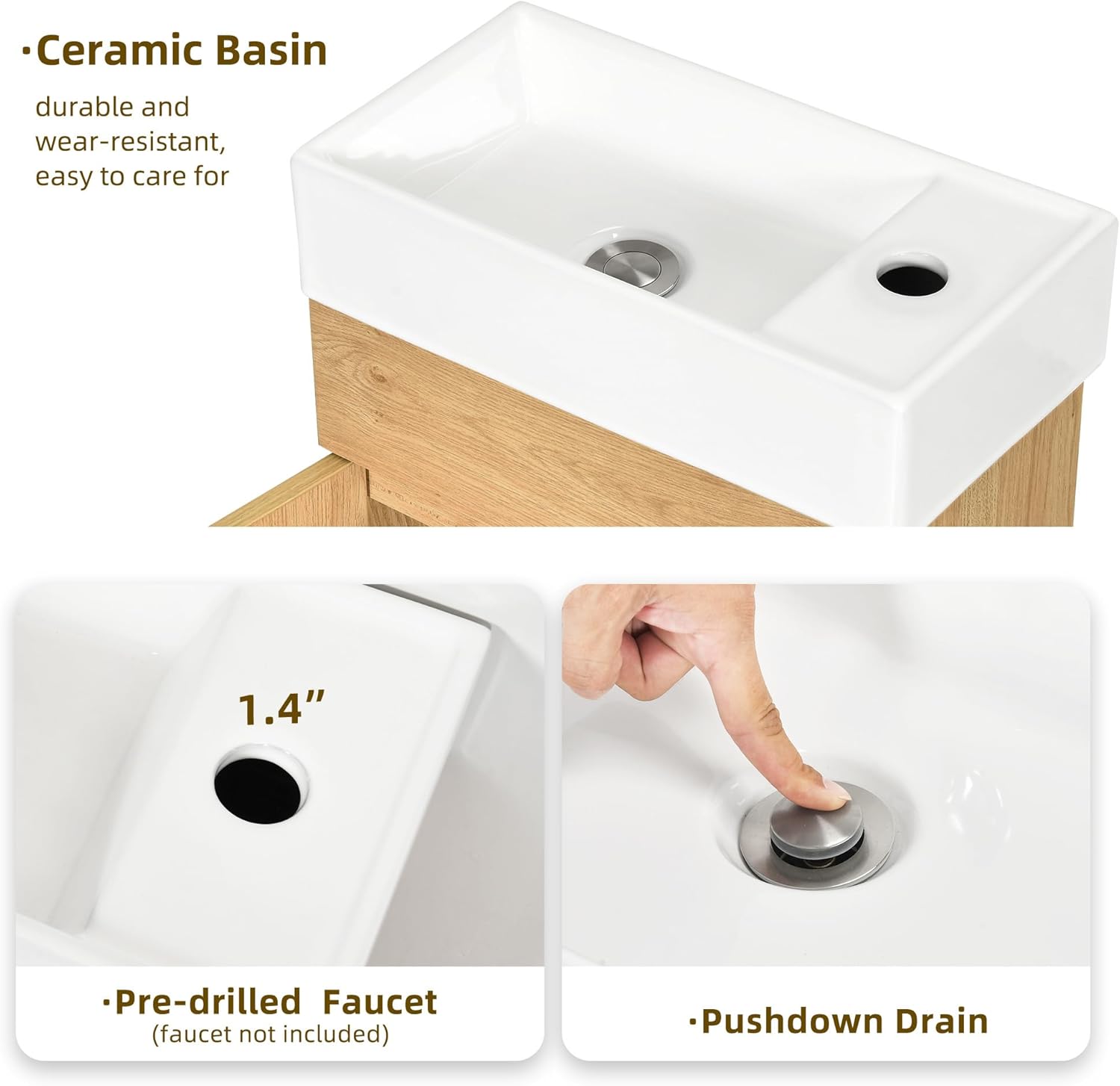 DWVO 16 Inch Bathroom Vanity Sink for Small Space, Freestanding Bathroom Cabinet with Undermount Ceramic Sink, Modern Bathroom Storge Vanity Soft-Close Doors, Natural Brown