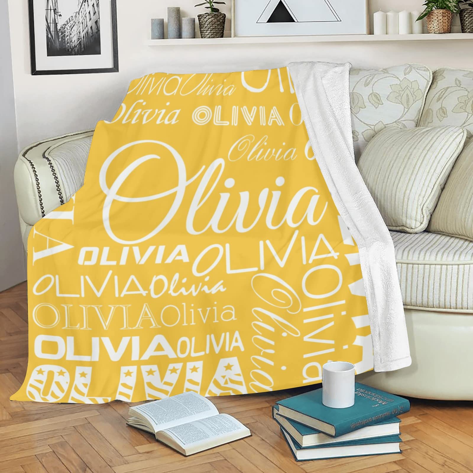 Gypsophila Personalized Name Blankets Custom Baby Blanket with Name Blankets Customized Baby Blankets for Girls Boys Birthday Blanket (Yellow,50