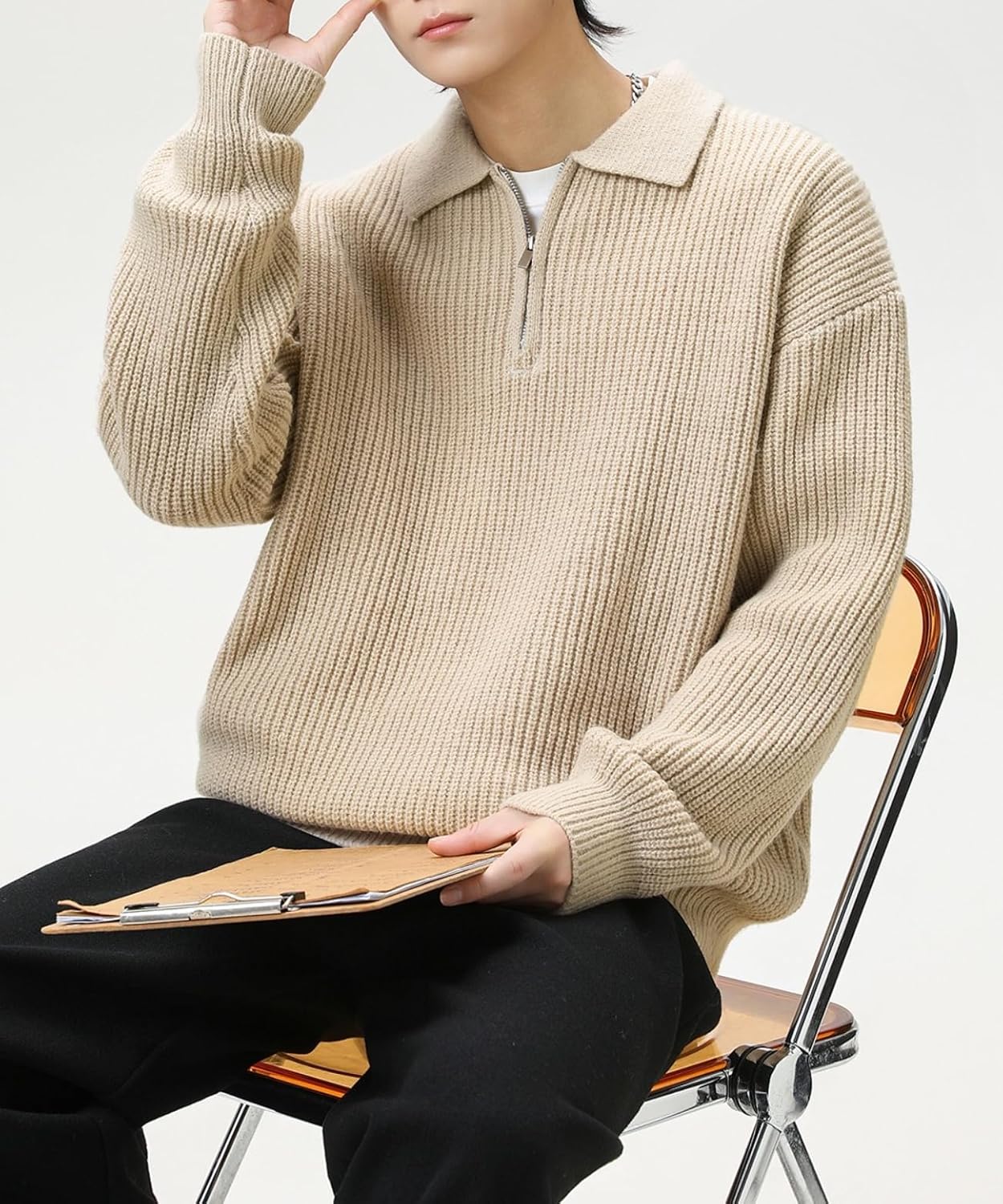 POHADON Men Quarter Zip Up Collared Neck Sweater Vintage Aesthetic Chunky Grandpa Grunge Clothes Fall Winter Korean Fashion - Image 6