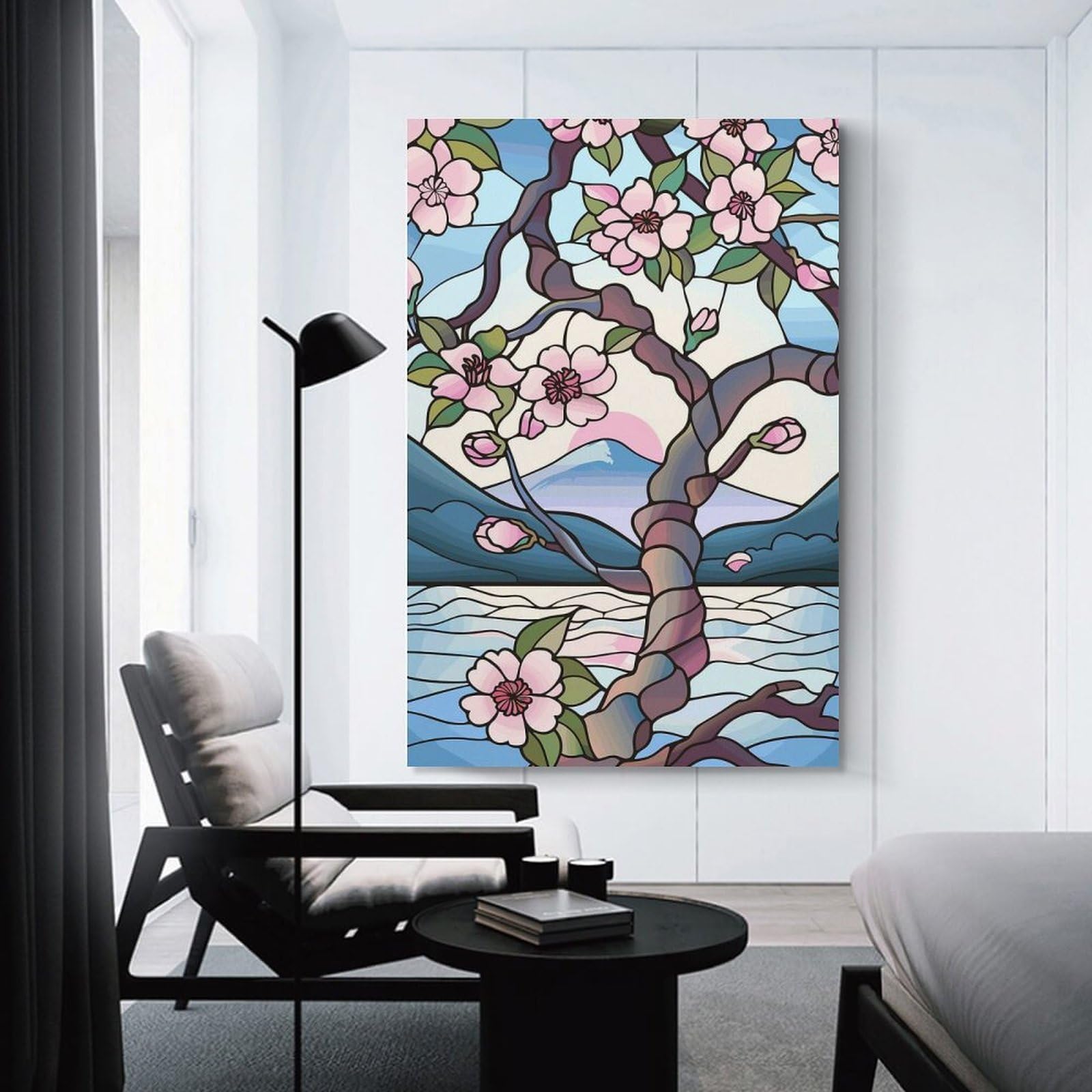 Junmoney Unframe-Style-7-1 Stained Glass Cherry Blossoms And Mountain Decorative Wall Artwork, 24X36inch(60X90cm), For Corridors, Hallways Or Apartment Entries, Home Artwork For First Impressions
