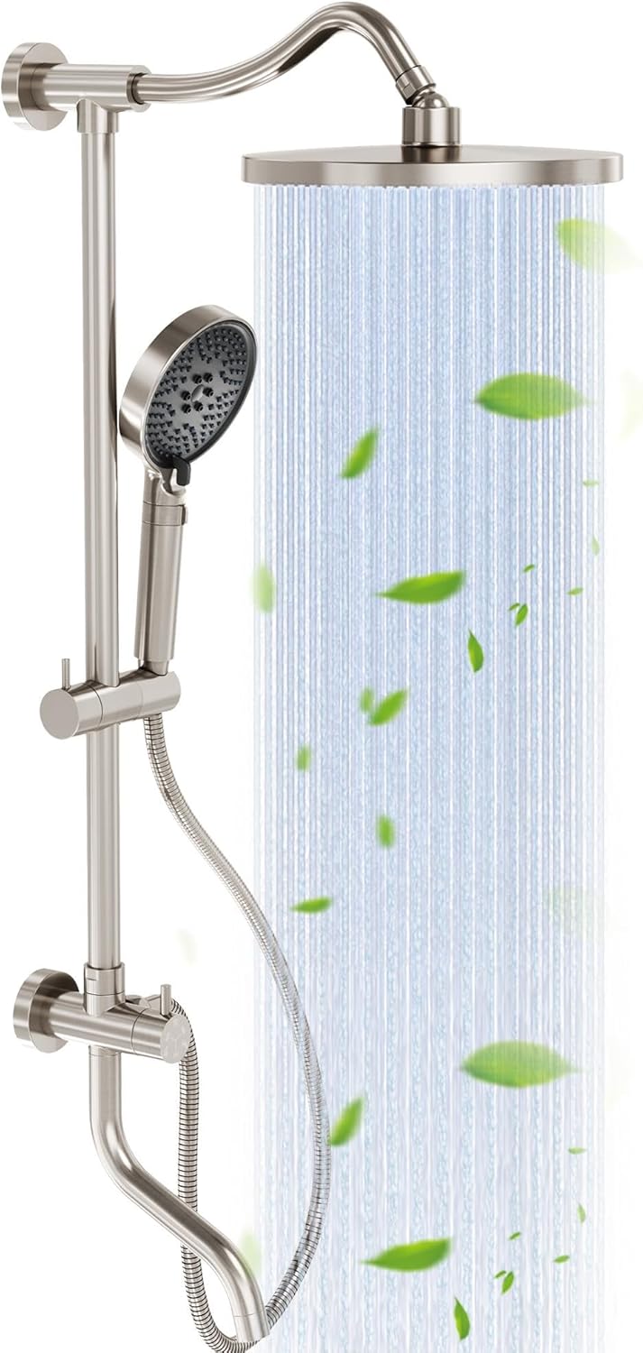 Rain Shower Head with Handheld Spray, 9" Rainfall Shower Head Combo with 60" Hose, Shower Slide Bar with Adjustable Handheld Holder and Shower Tub Spout, 6-Way Diverter, Brushed Nickel BR008-Shower Head with Handheld Spray & Tub Spout