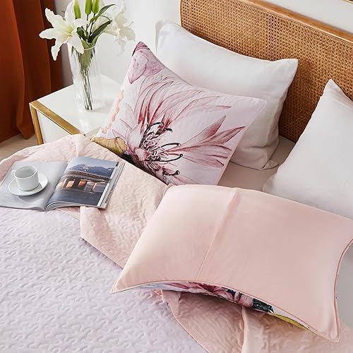 Miniatura 3 de Yogeneg Juego de edredón de tamaño matrimonial y queen, elegante juego de ropa de cama rosa con patrón botánico floral de 3 piezas, colcha de verano