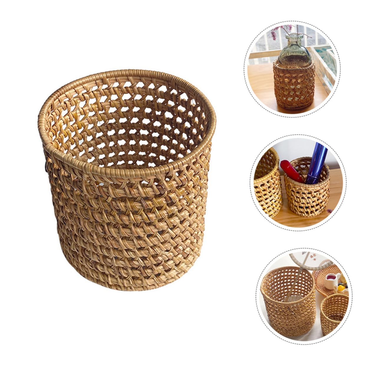 Uonlytech Porte-pinceaux Cosmétiques en Rotin Tissé Robuste, Organisateur Multifonction Élégant pour Bureau et Coiffeuse, Pot à Pinceaux de Maquillage Pratique