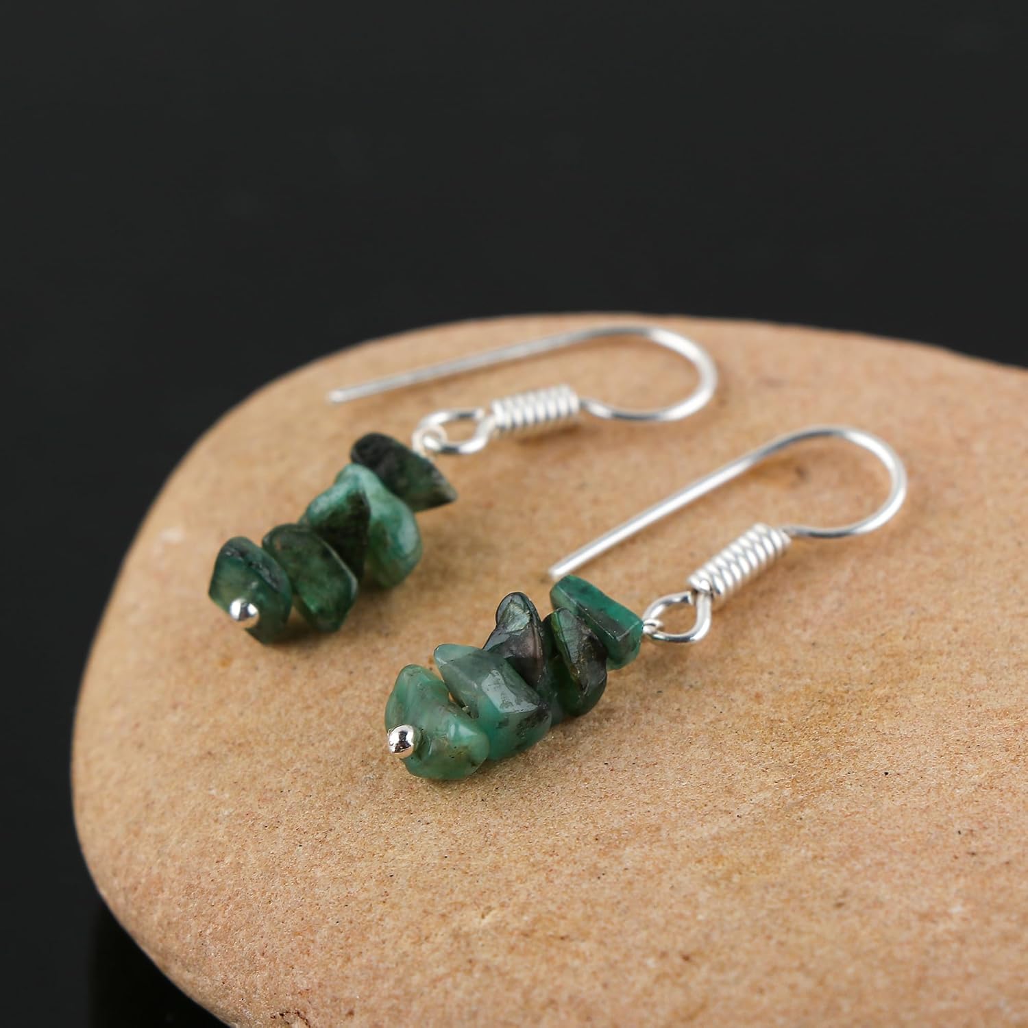 Emerald Gemstone Earrings | Natural Emerald Chips Drop Earrings | Silver Plated Hook Earrings | May Birthstone Jewelry for Women | 2–4 mm Chips, 6–12 Ct - Image 5