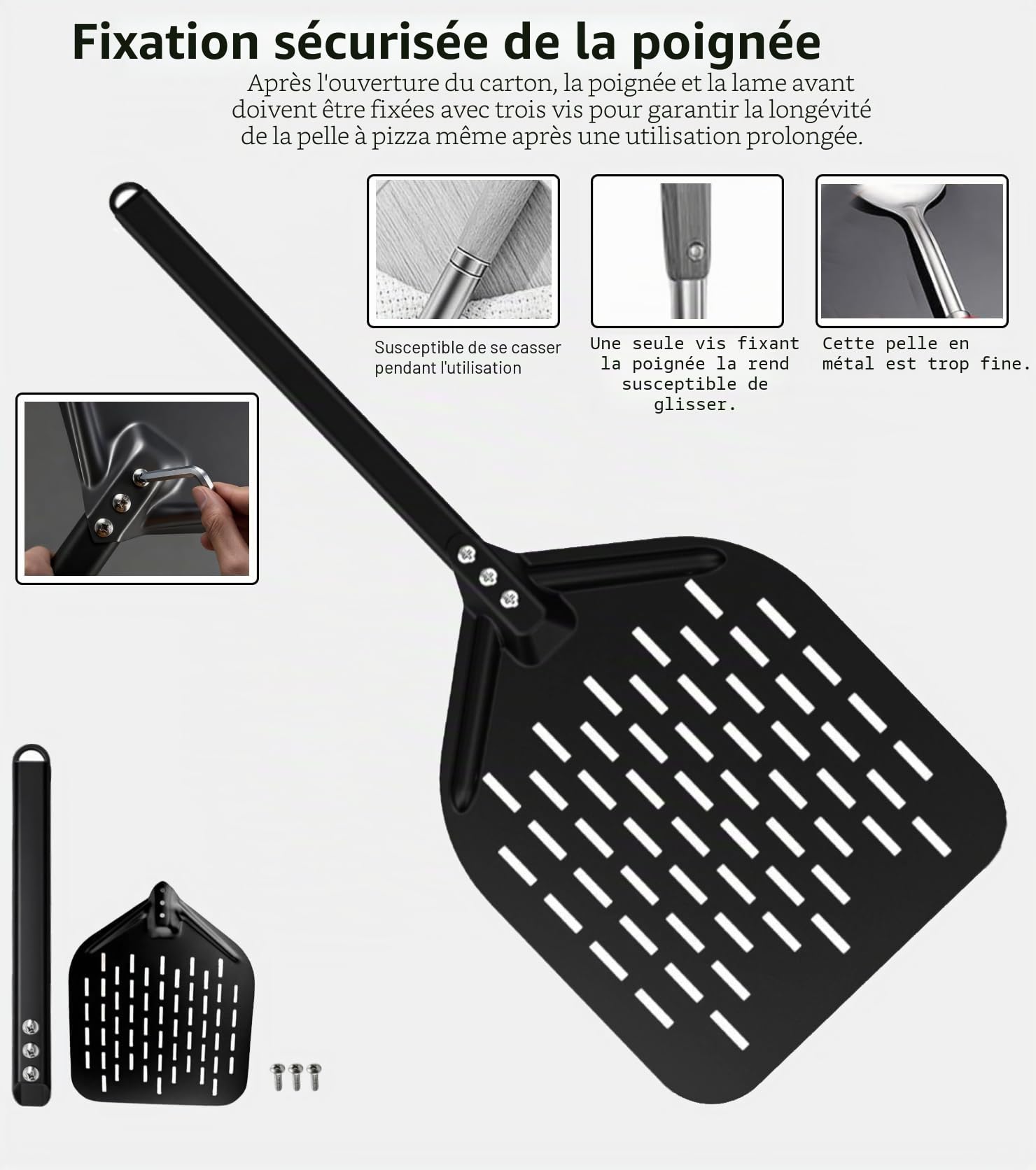 Ensemble de pelle à pizza perforées, pelle à pizza en aluminium anodisé avec poignées confortables et amovibles, comprenant 7 et 12in pelle a pizza pour retourner et transporter les pizzas.