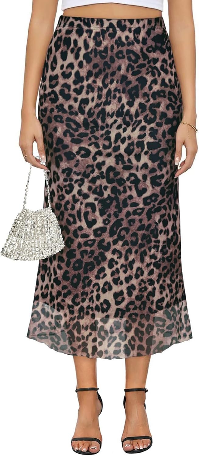 Women's Y2k Mesh Midi Skirt Elastic High Waisted Floral Print Bodycon Mermaid Long Skirts for Women