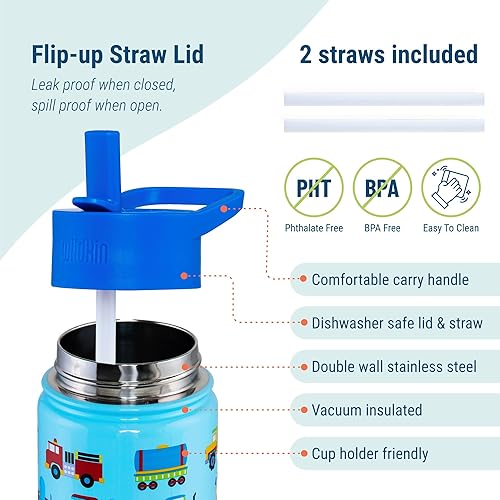 Miniatura 6 de Wildkin Paquete de mochila de 16 pulgadas con botella de agua reutilizable de acero de 14 onzas (trenes, aviones y camiones)