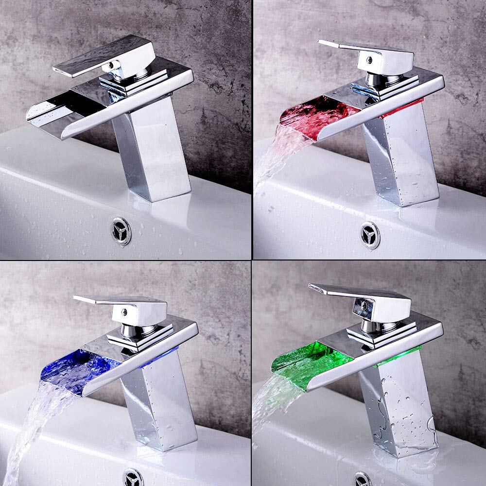 Robinet LED avec cascade, éclairage RVB 3 couleurs changeantes, robinet de salle de bain, bec cascade, robinet de lavabo pour salle de bain, laiton, chromé, rouge, vert, bleu