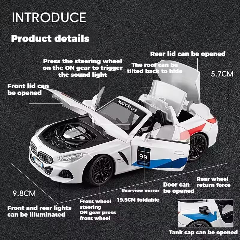 Image of Invite 1:24 Scale B-M-W Z4 Die-Cast Model Car - Alloy Metal Pullback Toy Car with Openable Doors, Lights & Music - Luxury Sports Car Toy for Kids & Collectors (1:24 B-M-W Z4-Black Color)