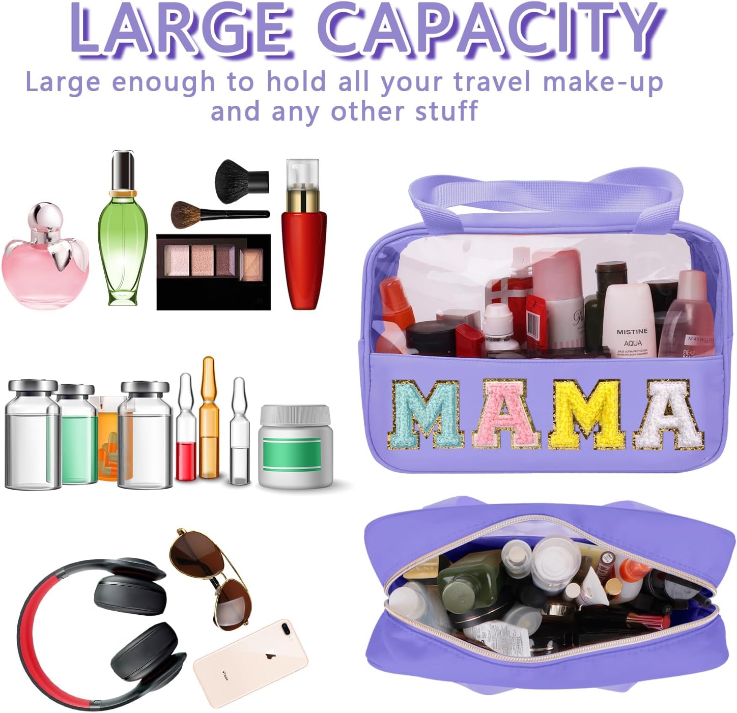 Chenille Letter Patch Mama Bag, Preppy Clear Makeup Cosmetic Bag Large Toiletry Storage Tote Bag with Handle, Transparent Nylon Waterproof Organizer Zipper Pouch for Travel Women Girls(Purple) image 4