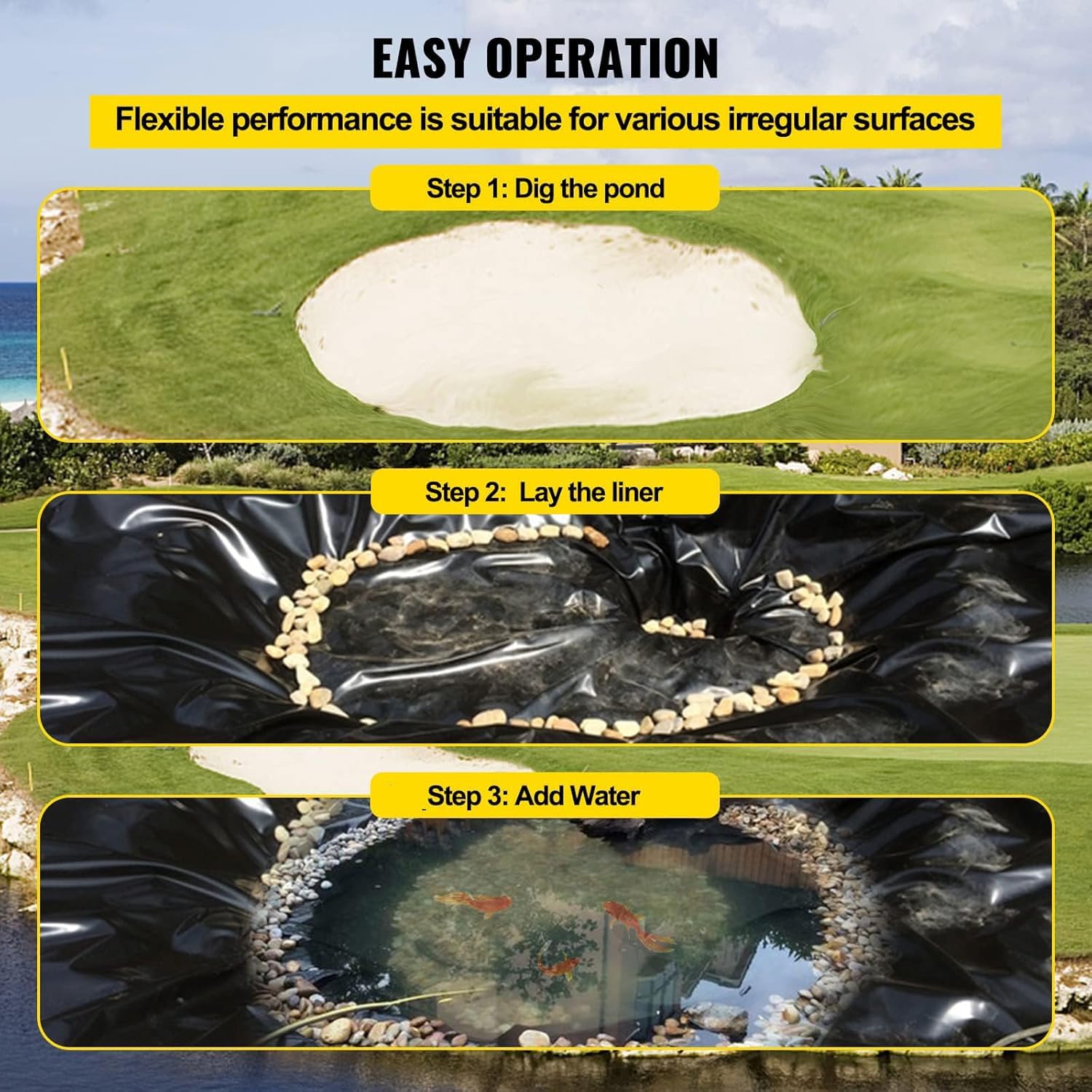 Pellicola per laghetto, 3 m x 2 m, colore nero, in LDPE, per laghetti, fontane, giardino acquatico e cascata