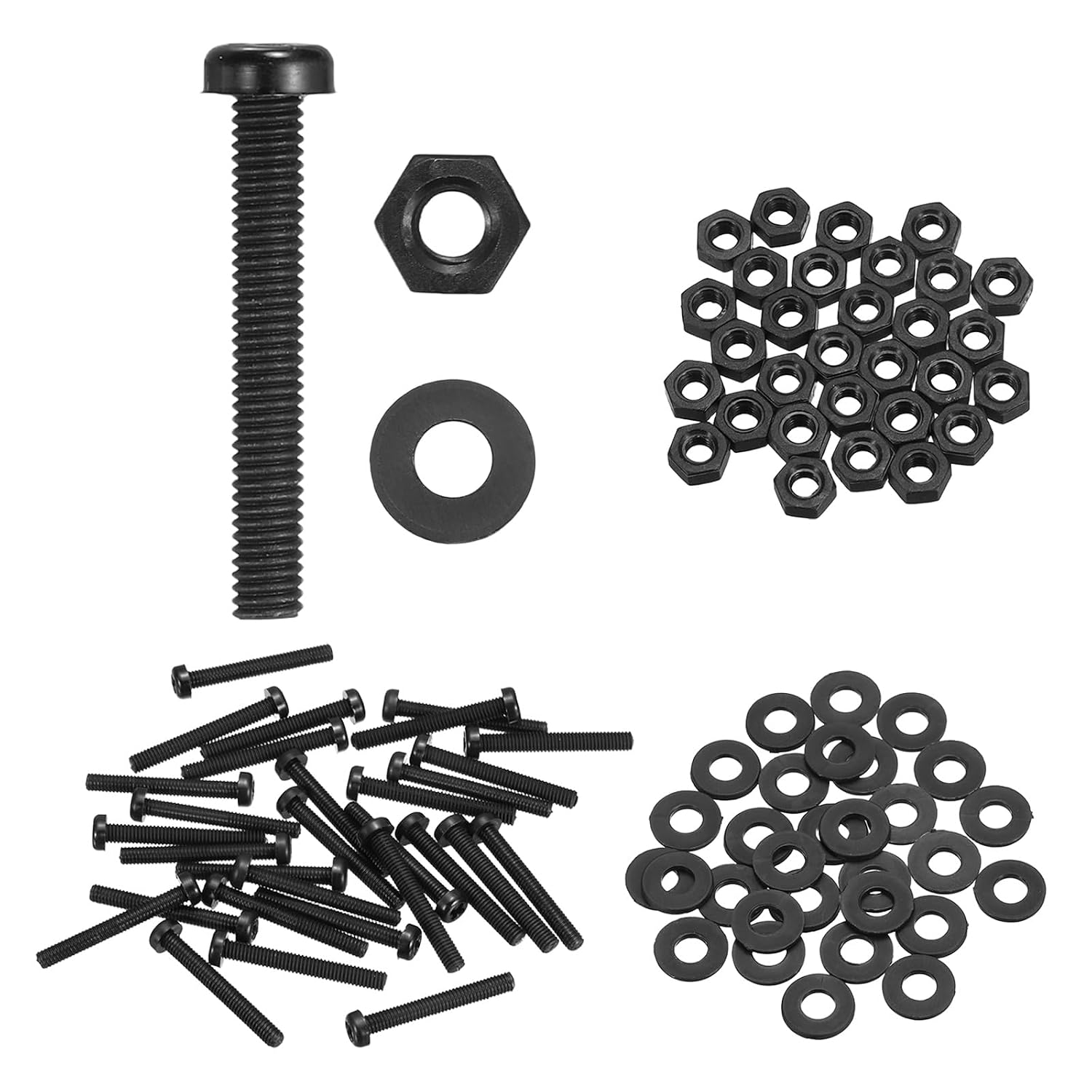 MECCANIXITY 30 Set M4x30mm Nylon PA66 Plastic Cross Round Head Screw Phillips Bolts Hex Nuts Flat Washers Assortment Kit, Metric Full Thread Bolt Fasteners for DIY Machine Assembly, Black