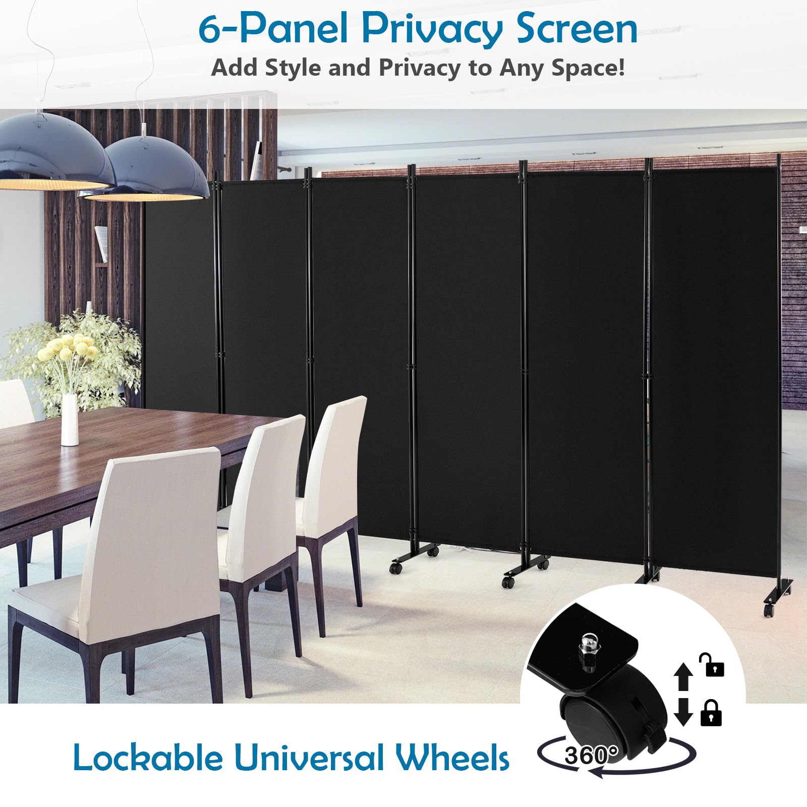 LIFEZEAL Biombo Plegable de 6 Paneles para Interior y Exterior, Divisor de Pie con 14 Ruedas, Pared Tabique, Estructura Metálica, Protección de la Intimidad, Separador de Espacios (Negro)