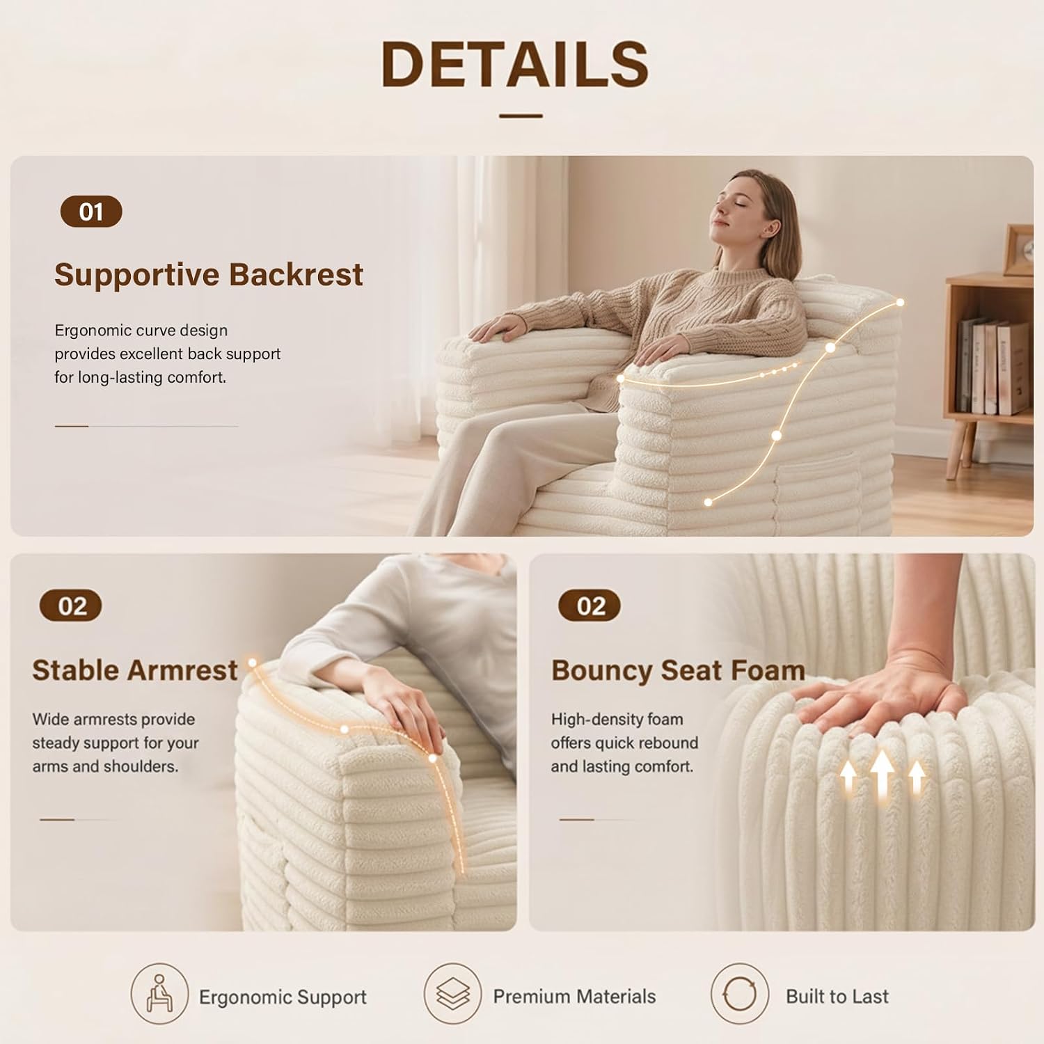Tiita Adult Bean Bag Chair, Boneless Foam Lounge Chair with Armrests, Beige image 5