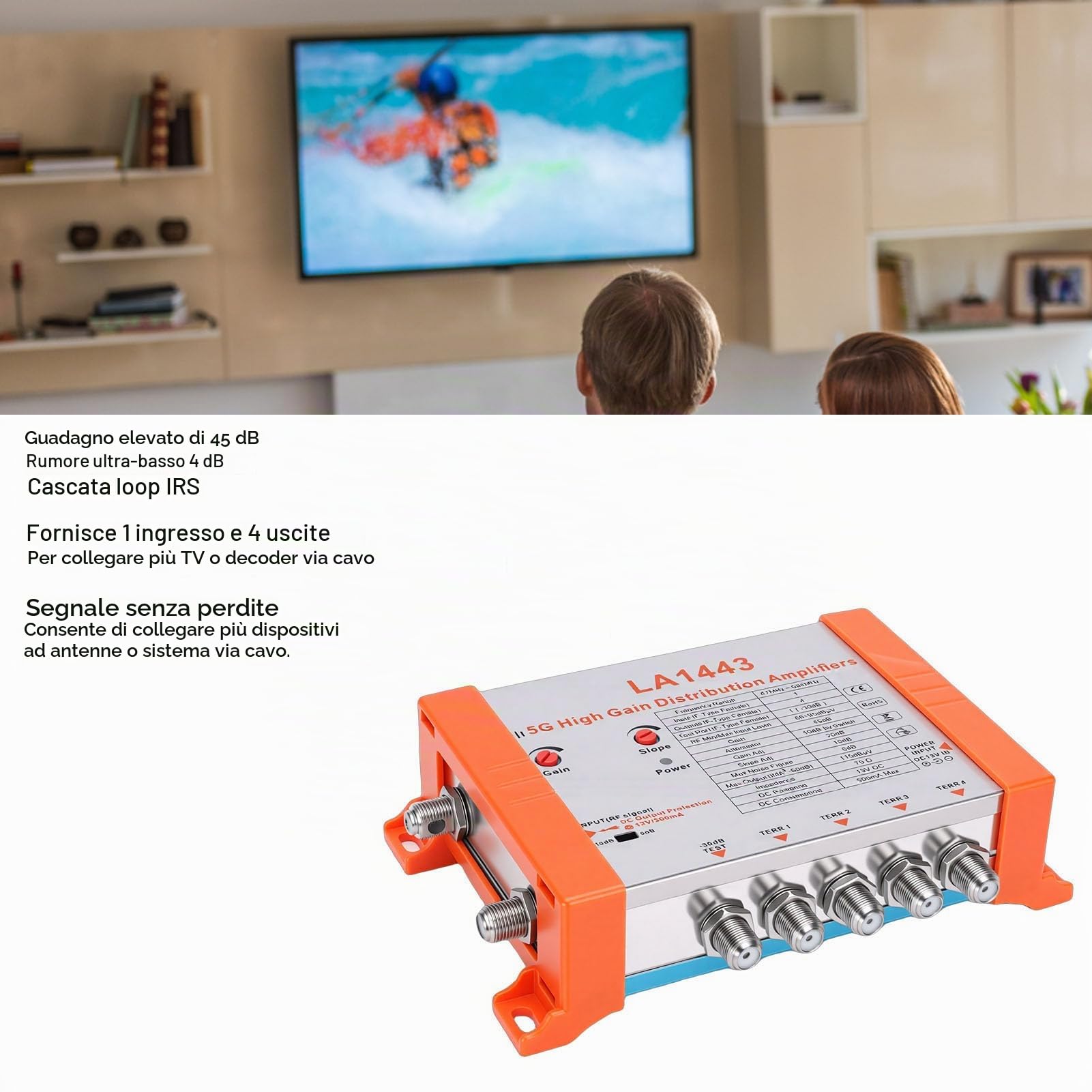 Amplificatore di Antenna TV, Amplificatore di Distribuzione TV da 45 Db, di Segnale Digitale HD con 1 Ingresso e 4 Uscite, Filtro LTE 5G, Basso Rumore (Spina Europea)