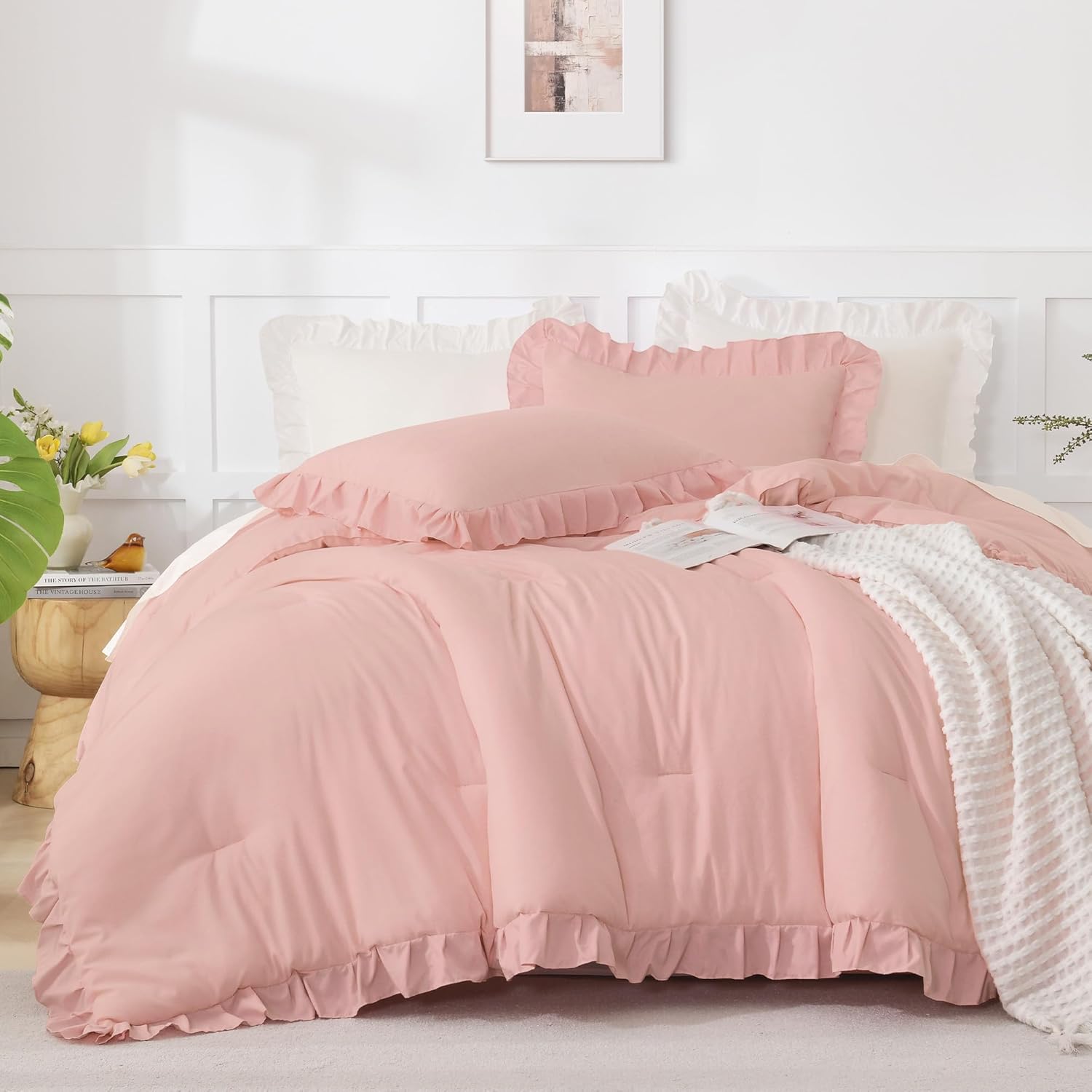 Andency Blush Pink Ruffle Comforter Queen, 3 Pieces Rustic Farmhouse Shabby Chic Comforter, All Season Soft Polyester Down Alternative Bedding Comforter Set