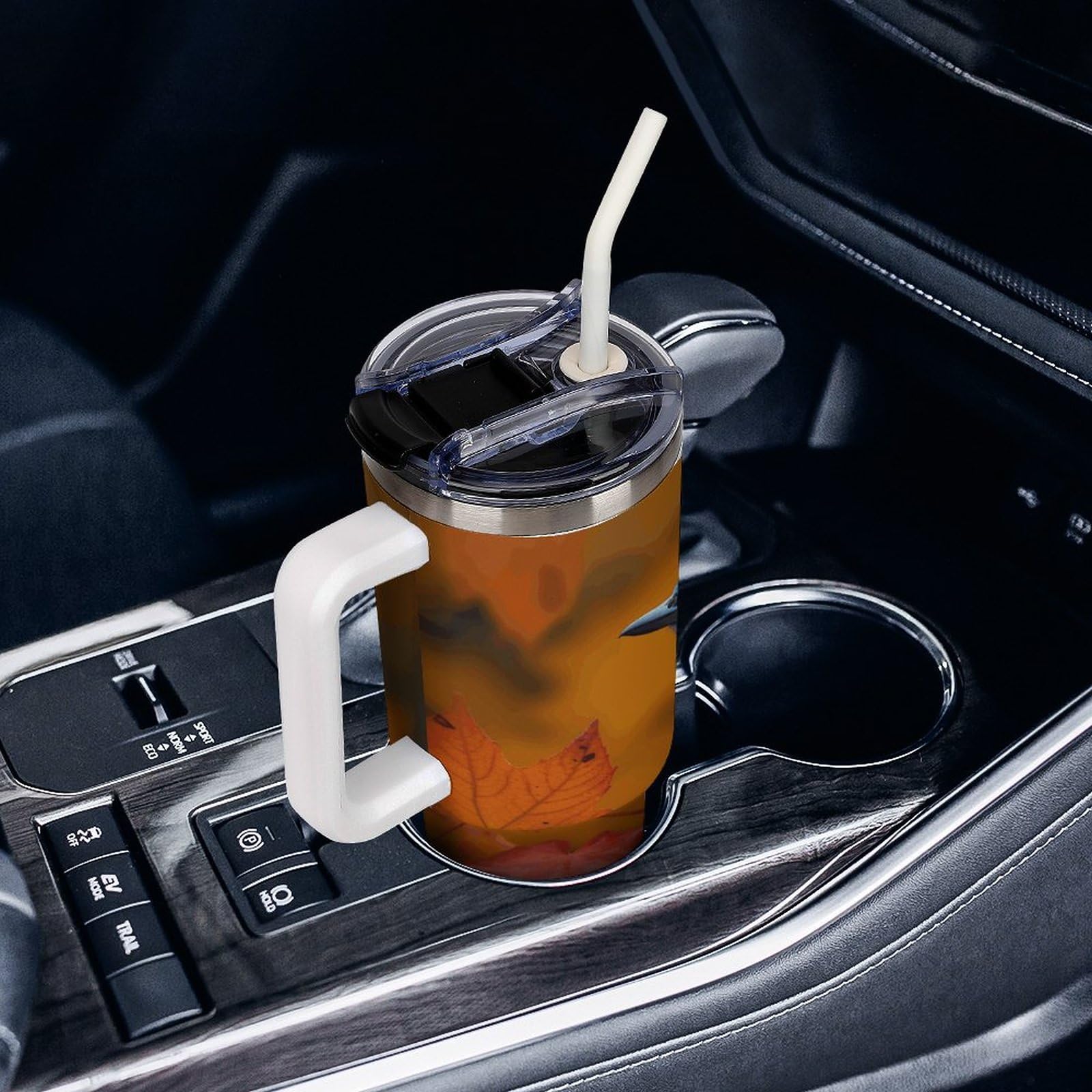 Autobecher aus 304 Edelstahl, 1,2 l, blauer Vogel und Blätter, Becher mit Strohhalm und auslaufsicherem Deckel, großes Fassungsvermögen, vakuumisolierter Reisebecher für Auto-Becherhalter