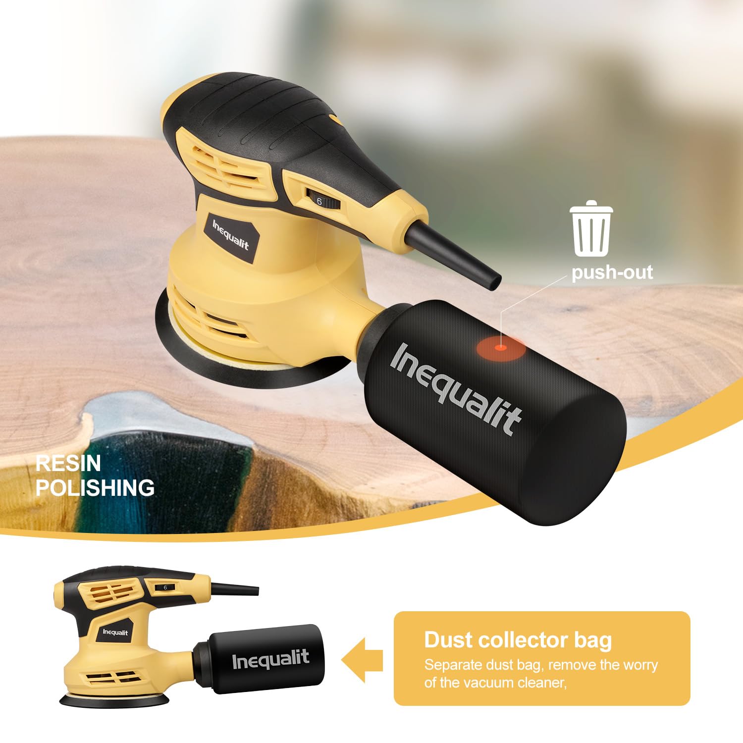 Ponceuse Orbitale Excentrique 280W, Inequalit Ponceuse Excentrique à 6 Vitesses (13000RPM),pour Surfaces en Bois et Acier,Collecteur de Poussière,Inclus Papier Abrasif 15 Pièces 125 mm,Jaune