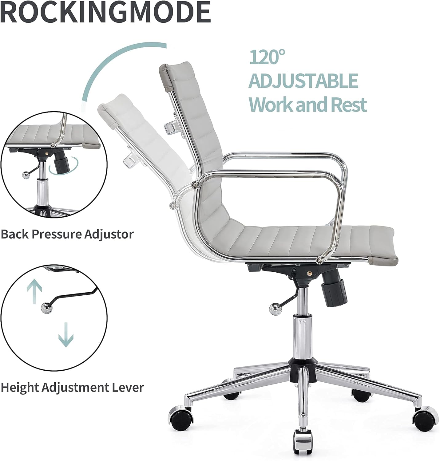 Gray Office Chair Ergonomic Computer Desk Chairs Executive Conference Room Chair Leather Modern Home Office Chair for Desk Mid Back Adjustable Swivel Chairs with Lumbar Support(Gray)…