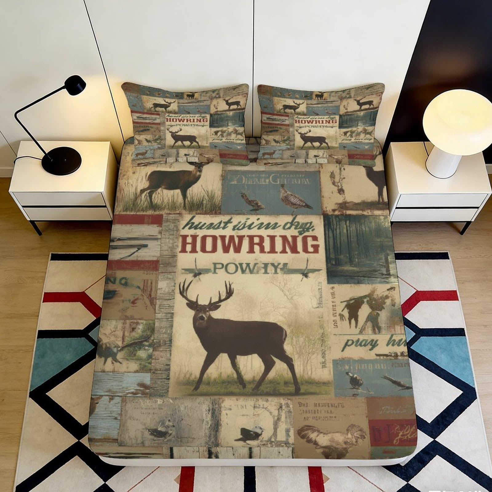 Pnayamiorkfel Style-8 3D Printed Vintage Deer Fitted Sheet Microfiber Retro Forest Mattress Cover For Bedroom Lodge Guest Room Decor Easy Care 90X200x25cm