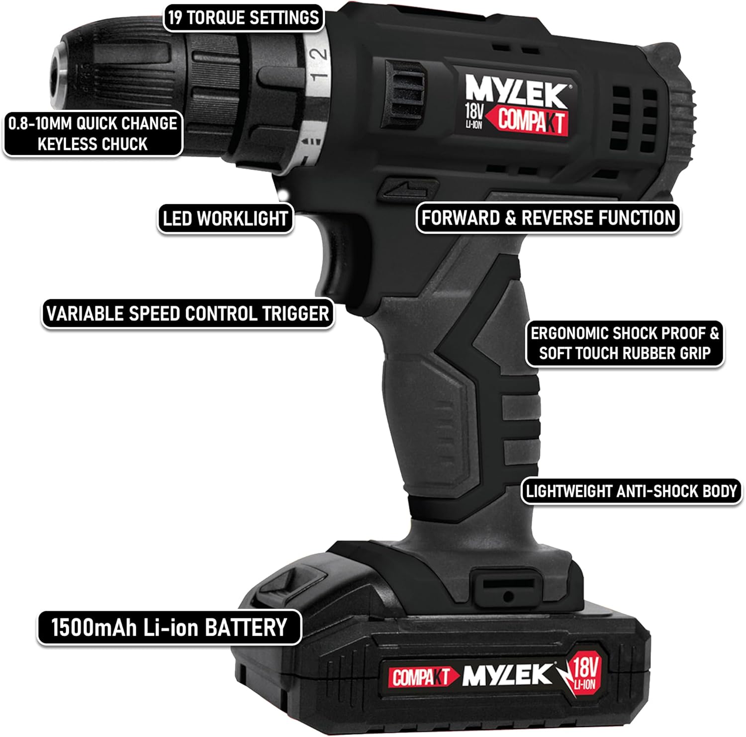 MYLEK 18V Cordless Drill with feature callouts