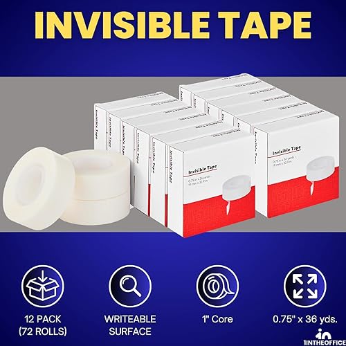 Miniatura 2 de 1InTheOffice Cinta transparente 3/4, cinta de repuesto transparente, cinta invisible, adhesivo transparente de núcleo de 1 pulgada, 0.75 pulgadas x